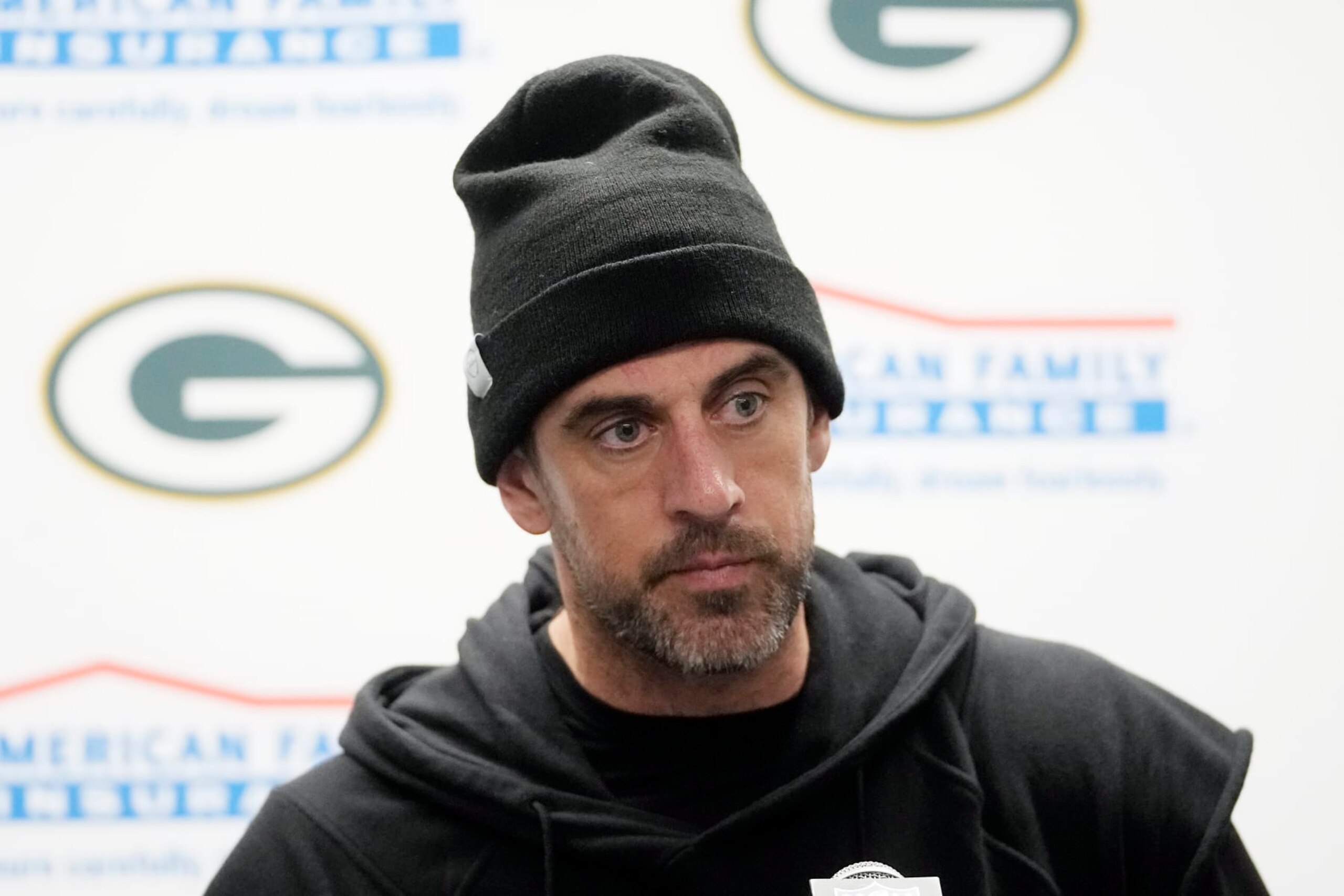 Green Bay Packers quarterback Aaron Rodgers addresses the media after an NFL football game against the Detroit Lions, Sunday, Nov. 6, 2022, in Detroit. (AP Photo/Paul Sancya)