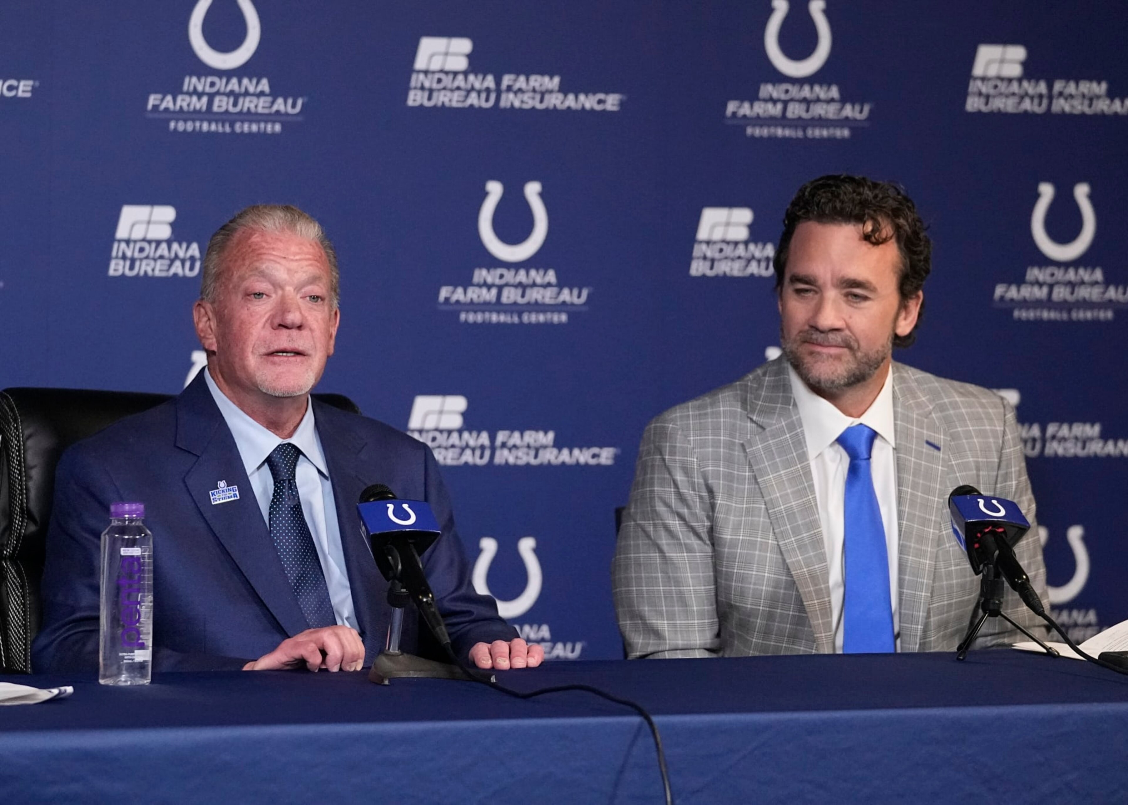 Indianapolis Colts owner Jim Irsay, left, speaks as interim coach Jeff Saturday listens during a news conference at the NFL football team's practice facility Monday, Nov. 7, 2022, in Indianapolis. (AP Photo/Darron Cummings) Indianapolis Colts owner Jim Irsay, left, speaks as interim coach Jeff Saturday listens during a news conference at the NFL football team's practice facility Monday, Nov. 7, 2022, in Indianapolis. (AP Photo/Darron Cummings)