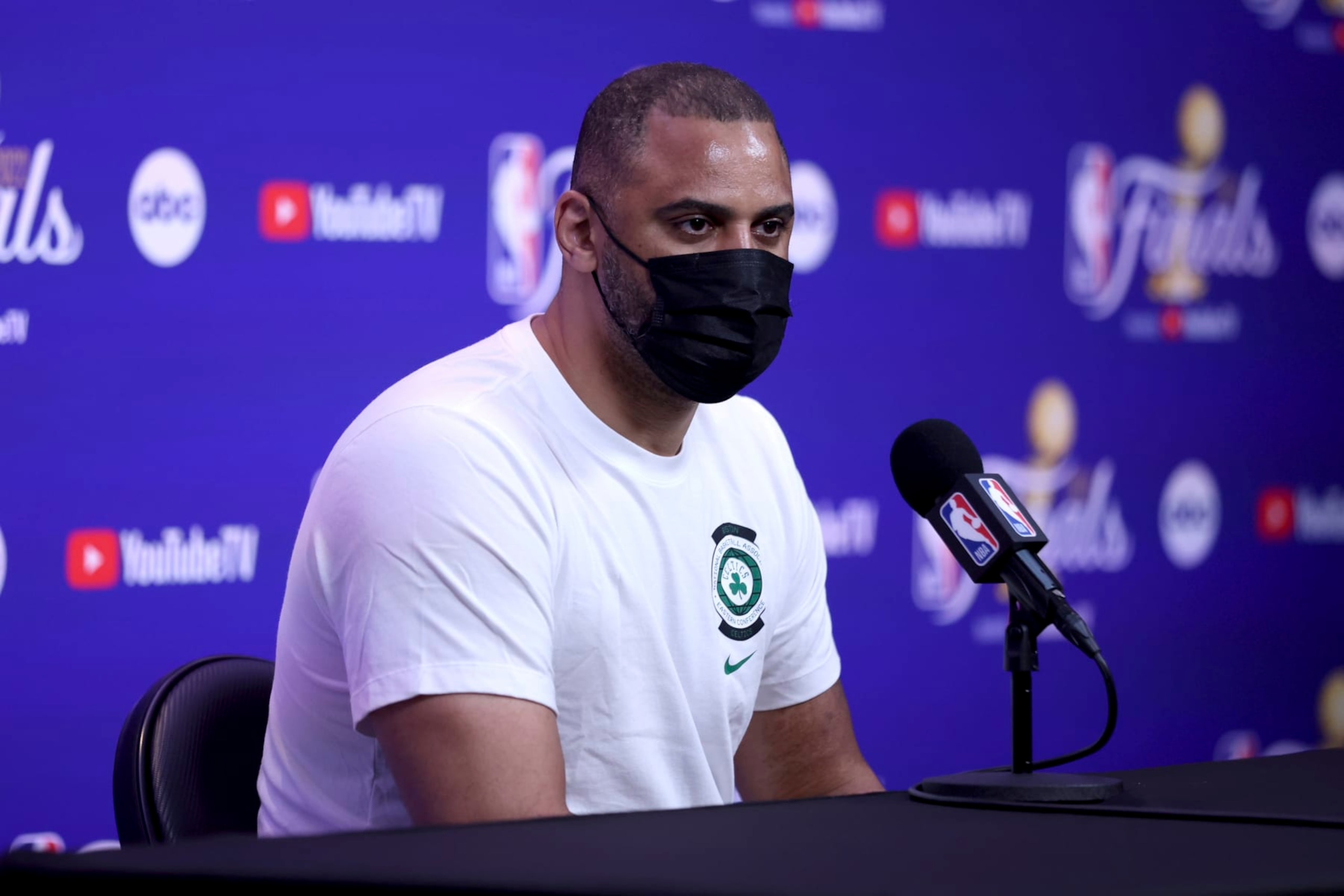 Boston Celtics head coach Ime Udoka speaks to members of the media during NBA basketball practice in San Francisco, Wednesday, June 1, 2022. The Golden State Warriors are scheduled to host the Boston Celtics in Game 1 of the NBA Finals on Thursday. (AP Photo/Jed Jacobsohn)