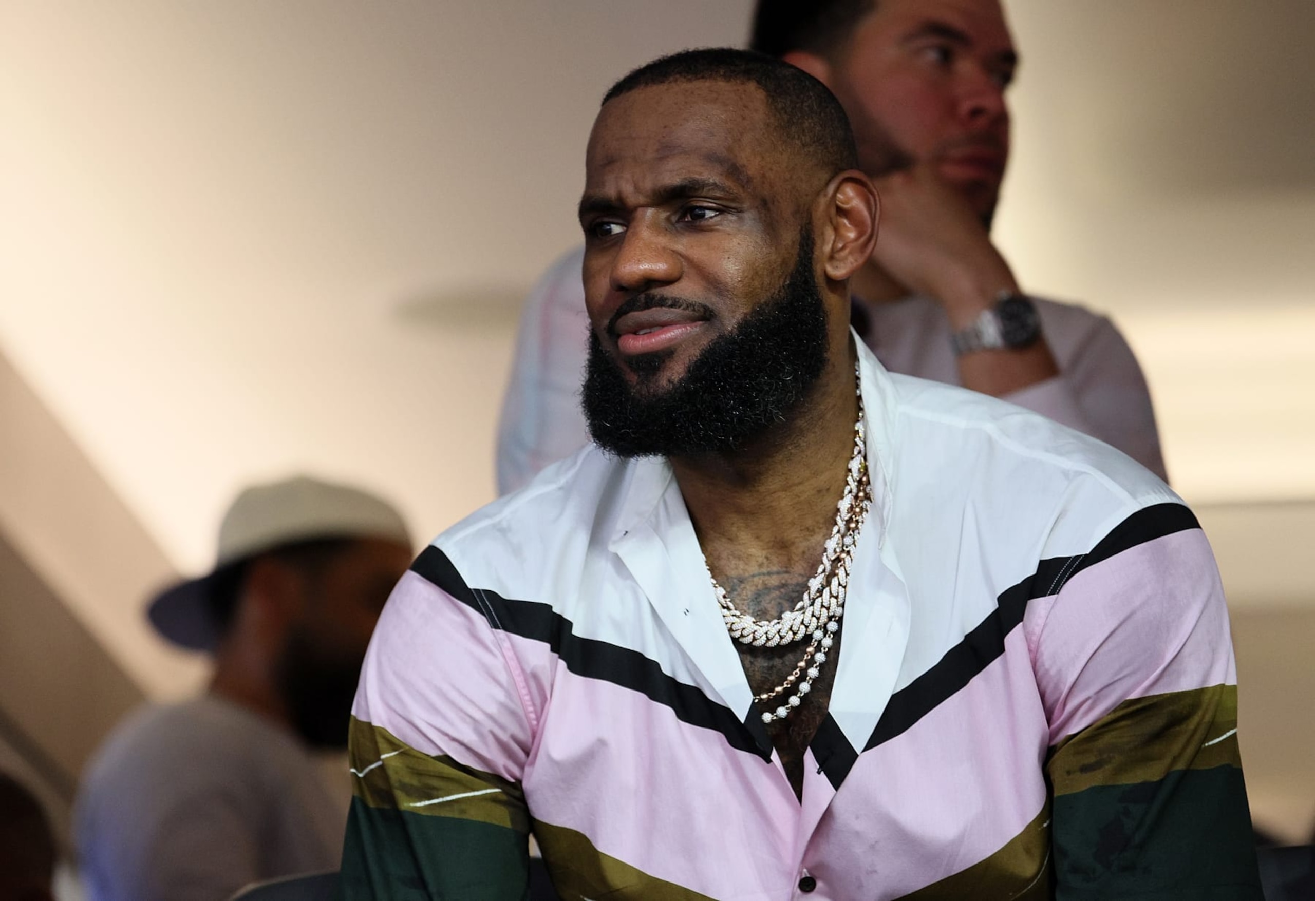 INGLEWOOD, CALIFORNIA - FEBRUARY 13: NBA player LeBron James attends Super Bowl LVI between the Los Angeles Rams and the Cincinnati Bengals at SoFi Stadium on February 13, 2022 in Inglewood, California. (Photo by Andy Lyons/Getty Images)