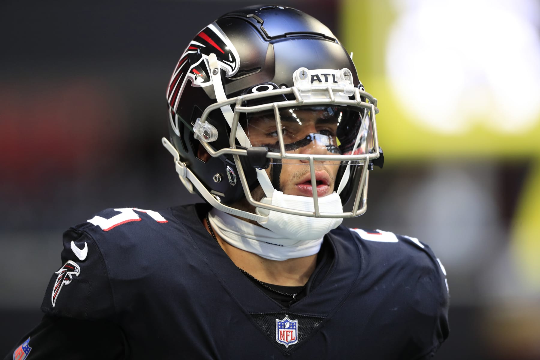 ATLANTA, GA - NOVEMBER 06: Atlanta Falcons wide receiver Drake London (5) looks on before the Sunday afternoon NFL game between the Atlanta Falcons and the Los Angeles Chargers on November 6, 2022 at Mercedes-Benz Stadium in Atlanta, Georgia.  (Photo by David J. Griffin/Icon Sportswire via Getty Images)
