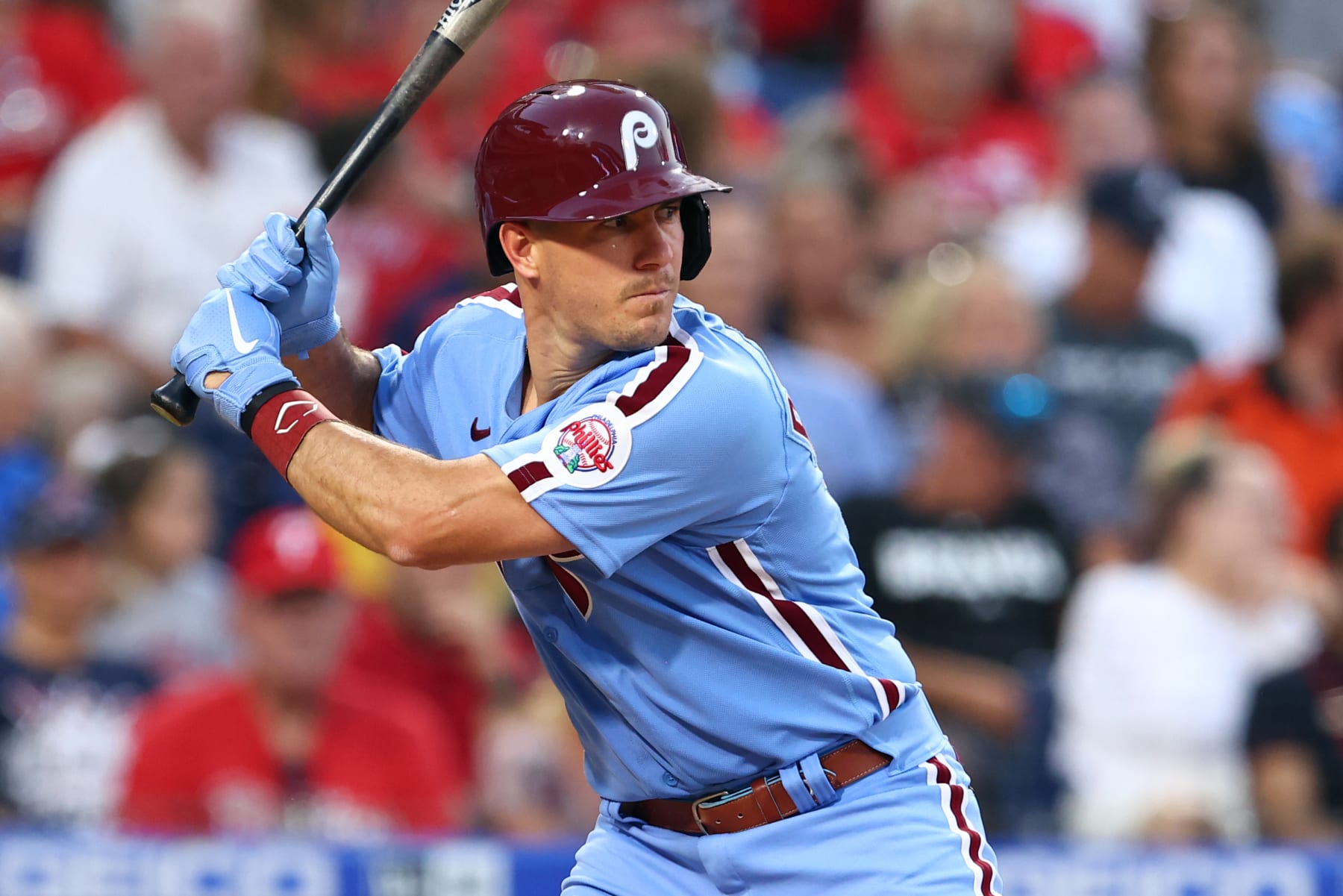 PHILADELPHIA, PA - JUNE 30: J.T. Realmuto #10 of the Philadelphia Phillies in action against the Atlanta Braves during a game at Citizens Bank Park on June 30, 2022 in Philadelphia, Pennsylvania. (Photo by Rich Schultz/Getty Images)