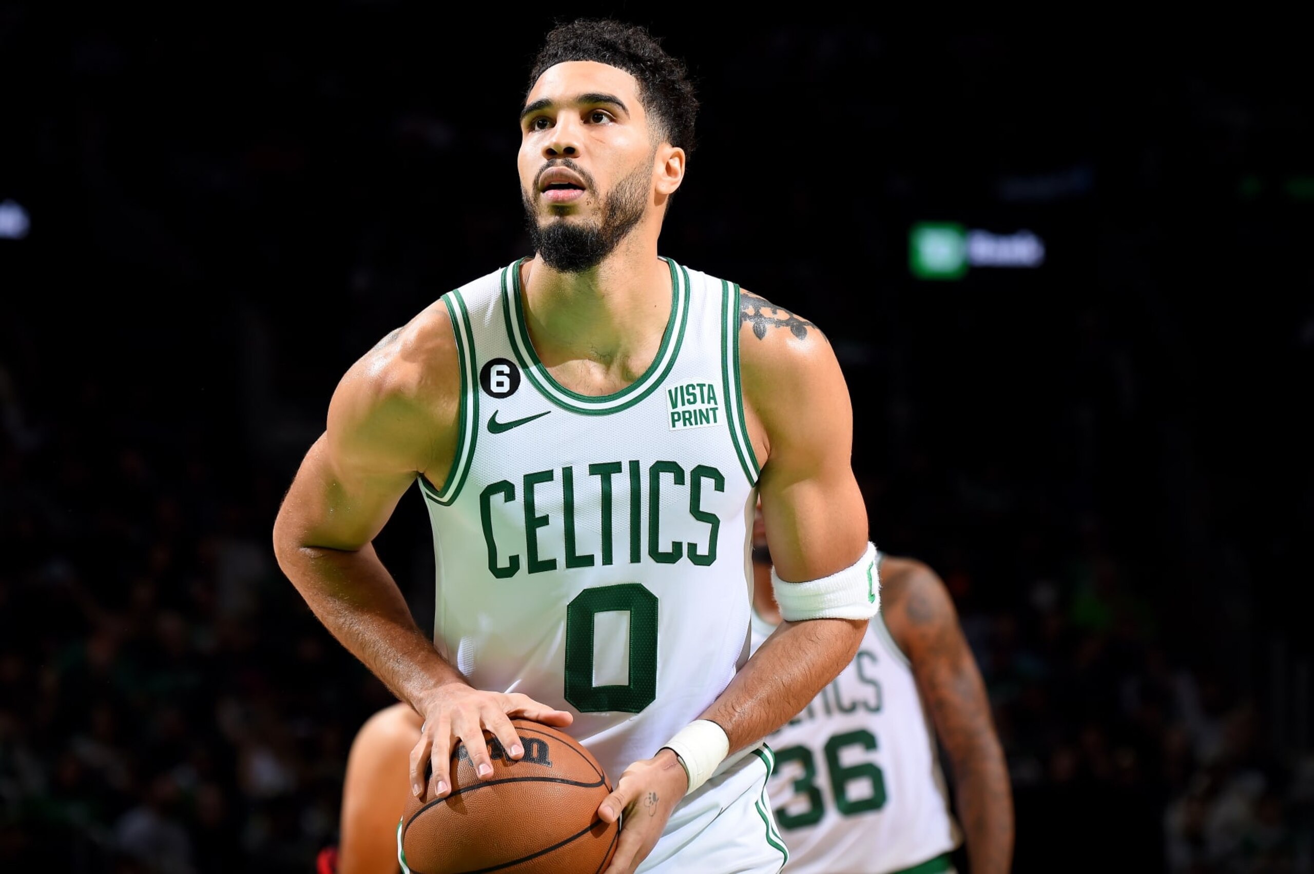 BOSTON, MA - NOVEMBER 4: Jayson Tatum #0 of the Boston Celtics prepares to shoot a free throw against the Chicago Bulls on November 4 2022 at the TD Garden in Boston, Massachusetts.  NOTE TO USER: User expressly acknowledges and agrees that, by downloading and or using this photograph, User is consenting to the terms and conditions of the Getty Images License Agreement. Mandatory Copyright Notice: Copyright 2022 NBAE  (Photo by Brian Babineau/NBAE via Getty Images)