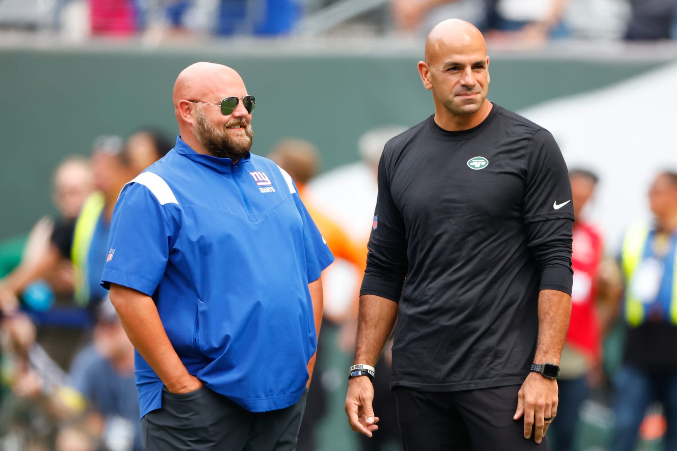 EAST RUTHERFORD, NJ - AUGUST 28: New York Jets head coach Robert Saleh and Giants head coach Brian Daboll prior to the National Football League game between the New York Jets and the New York Giants on August 28, 2022 at MetLife Stadium in East Rutherford, New Jersey. (Photo by Rich Graessle/Icon Sportswire via Getty Images) EAST RUTHERFORD, NJ - AUGUST 28: New York Jets head coach Robert Saleh and Giants head coach Brian Daboll prior to the National Football League game between the New York Jets and the New York Giants on August 28, 2022 at MetLife Stadium in East Rutherford, New Jersey. (Photo by Rich Graessle/Icon Sportswire via Getty Images)