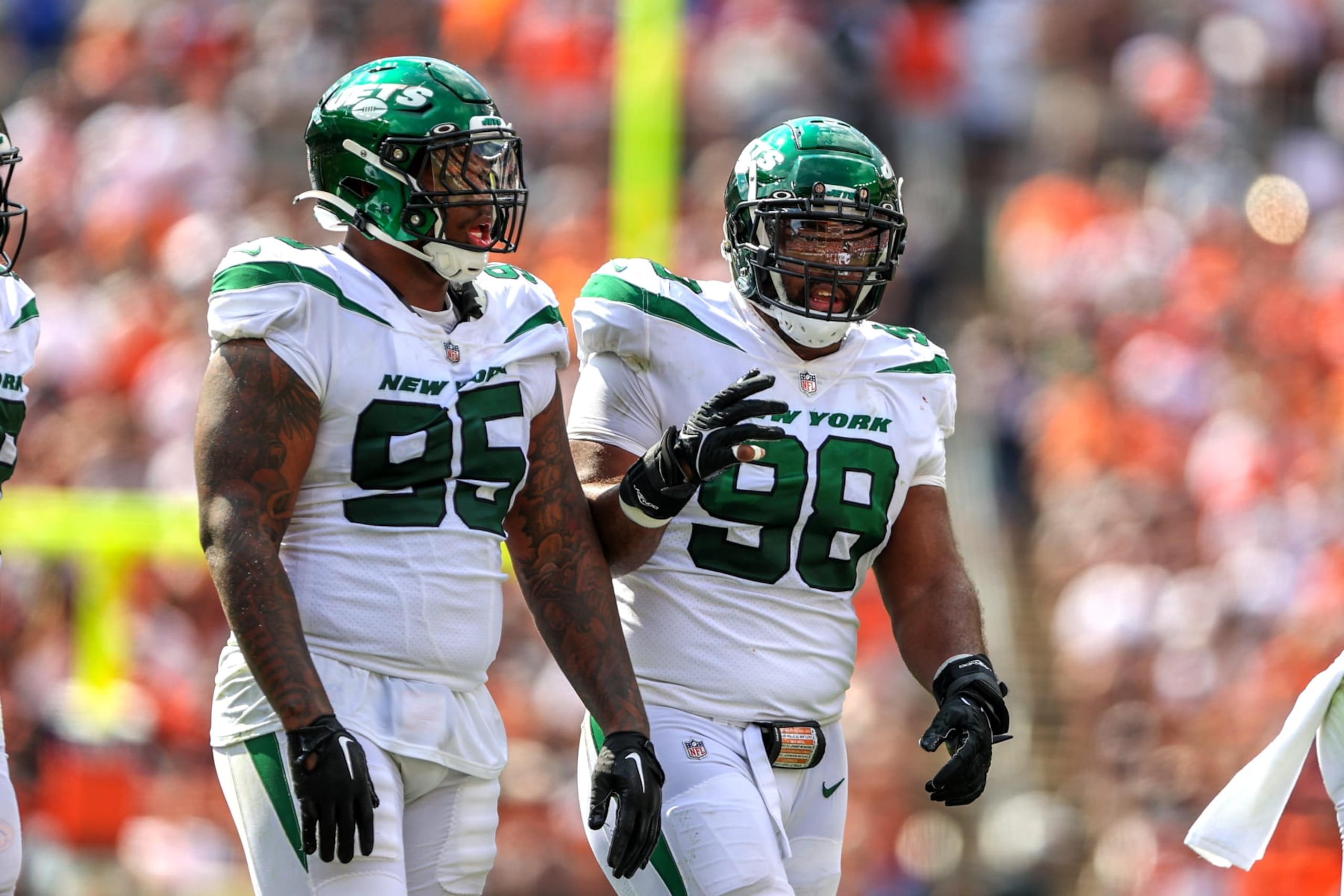 CLEVELAND, OH - SEPTEMBER 18: New York Jets defensive tackle Quinnen Williams (95) and New York Jets defensive tackle Sheldon Rankins (98) on the field during the first quarter of the National Football League game between the New York Jets and Cleveland Browns on September 18, 2022, at FirstEnergy Stadium in Cleveland, OH. (Photo by Frank Jansky/Icon Sportswire via Getty Images) CLEVELAND, OH - SEPTEMBER 18: New York Jets defensive tackle Quinnen Williams (95) and New York Jets defensive tackle Sheldon Rankins (98) on the field during the first quarter of the National Football League game between the New York Jets and Cleveland Browns on September 18, 2022, at FirstEnergy Stadium in Cleveland, OH. (Photo by Frank Jansky/Icon Sportswire via Getty Images)