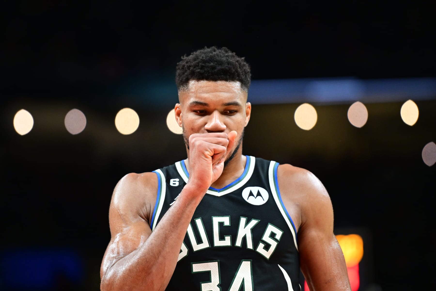 ATLANTA, GA - NOVEMBER 7: Giannis Antetokounmpo #34 of the Milwaukee Bucks looks on during the game against the Atlanta Hawks on November 7, 2022 at State Farm Arena in Atlanta, Georgia.  NOTE TO USER: User expressly acknowledges and agrees that, by downloading and/or using this Photograph, user is consenting to the terms and conditions of the Getty Images License Agreement. Mandatory Copyright Notice: Copyright 2022 NBAE (Photo by Adam Hagy/NBAE via Getty Images)