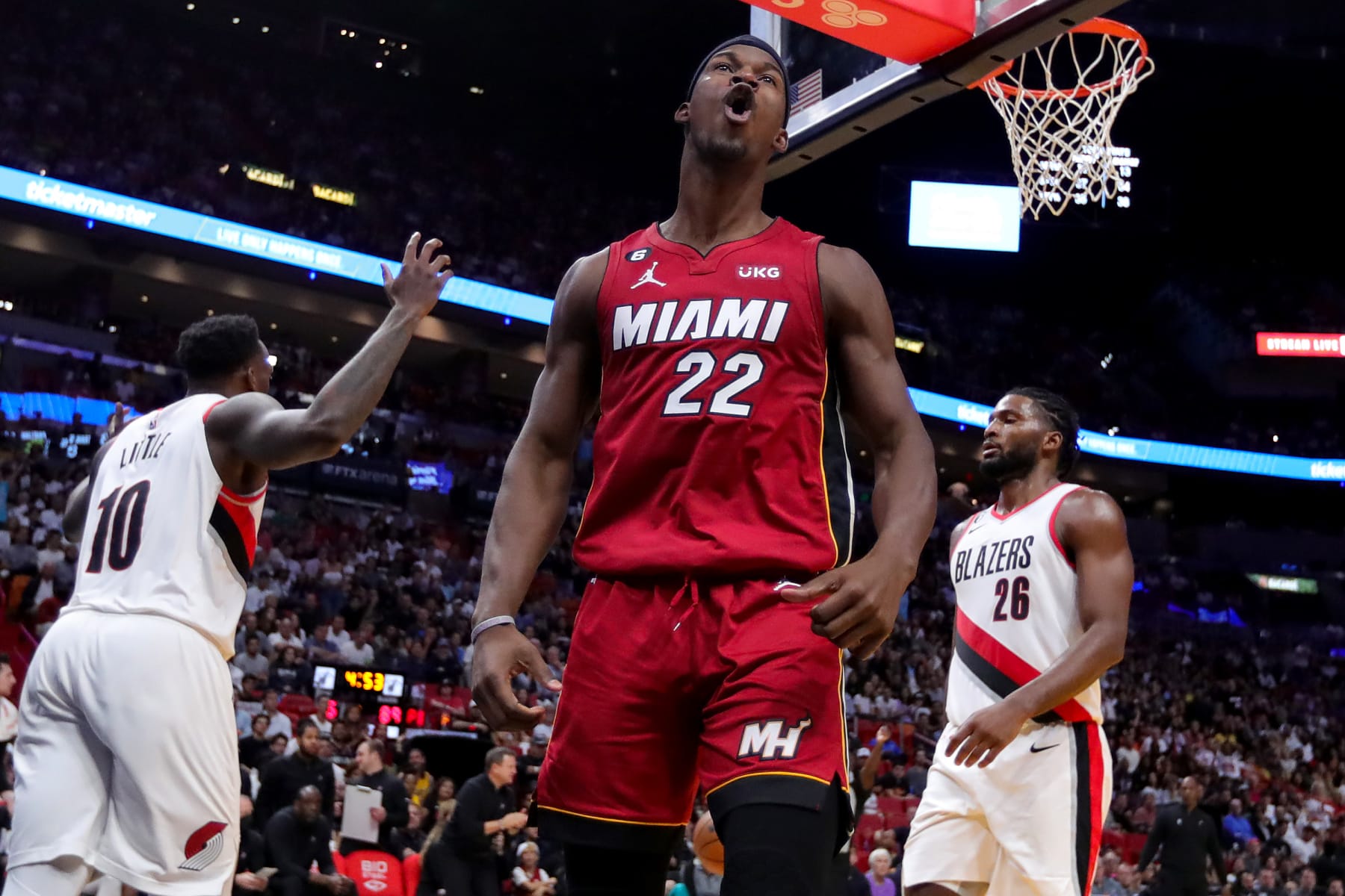 MIAMI, FLORIDA - NOVEMBER 07: Jimmy Butler #22 of the Miami Heat reacts after being fouled by Nassir Little #10 of the Portland Trail Blazers during the fourth quarter at FTX Arena on November 07, 2022 in Miami, Florida. NOTE TO USER: User expressly acknowledges and agrees that, by downloading and or using this photograph, User is consenting to the terms and conditions of the Getty Images License Agreement. (Photo by Megan Briggs/Getty Images)