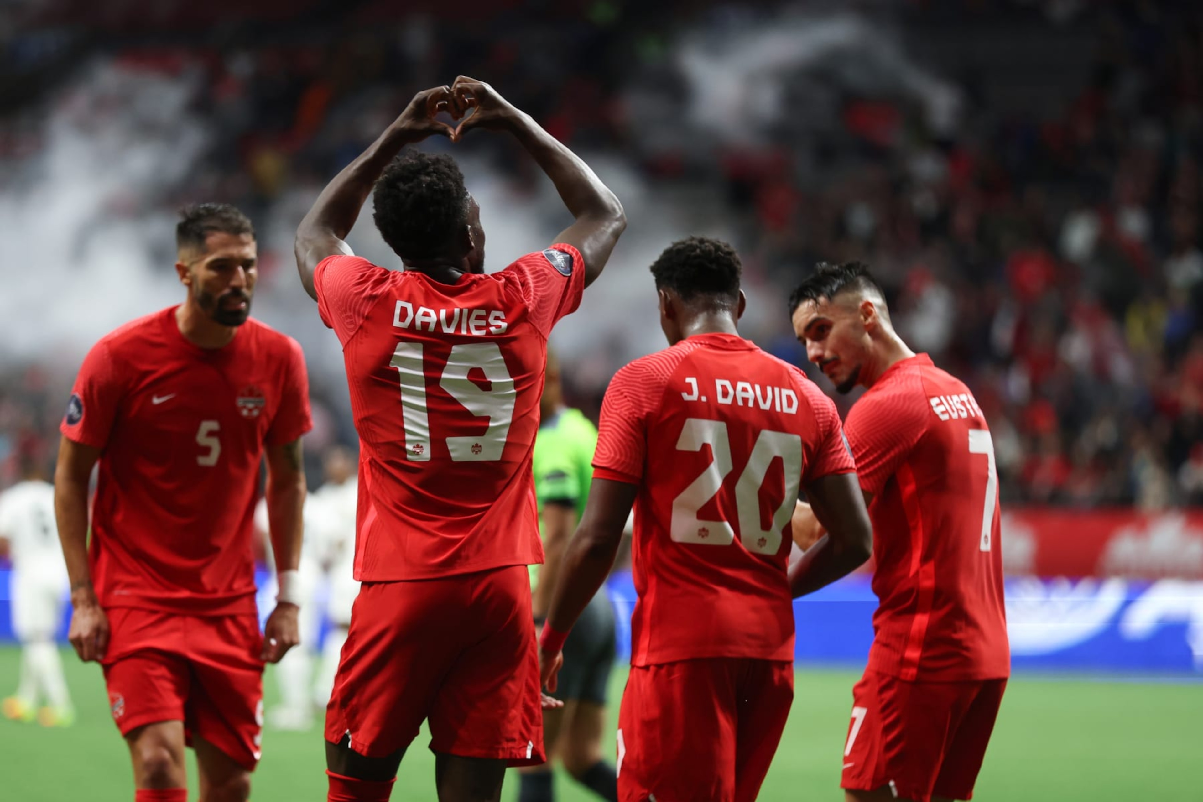 VANCOUVER, BC - JUNE 09: Alphonso Davies of Canada celebrates after scoring a goal to make it 1-0 during the Canada v Curacao CONCACAF Nations League Group C match at BC Place on June 9, 2022 in Vancouver, Canada. (Photo by Matthew Ashton - AMA/Getty Images)