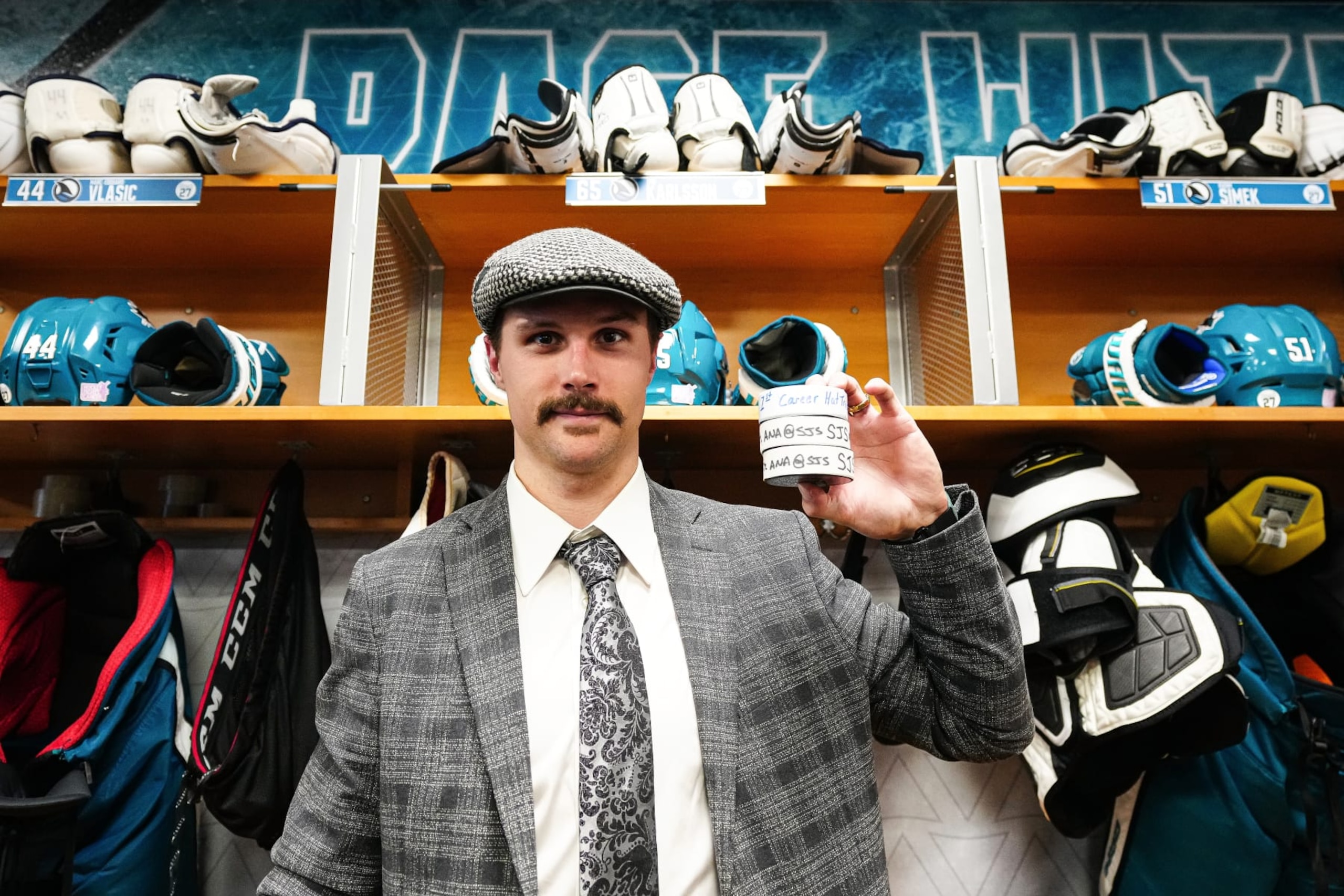 San Jose defenseman Erik Karlsson was in a celebratory mood after defeating Anaheim and getting his first career hat trick. San Jose defenseman Erik Karlsson was in a celebratory mood after defeating Anaheim and getting his first career hat trick.