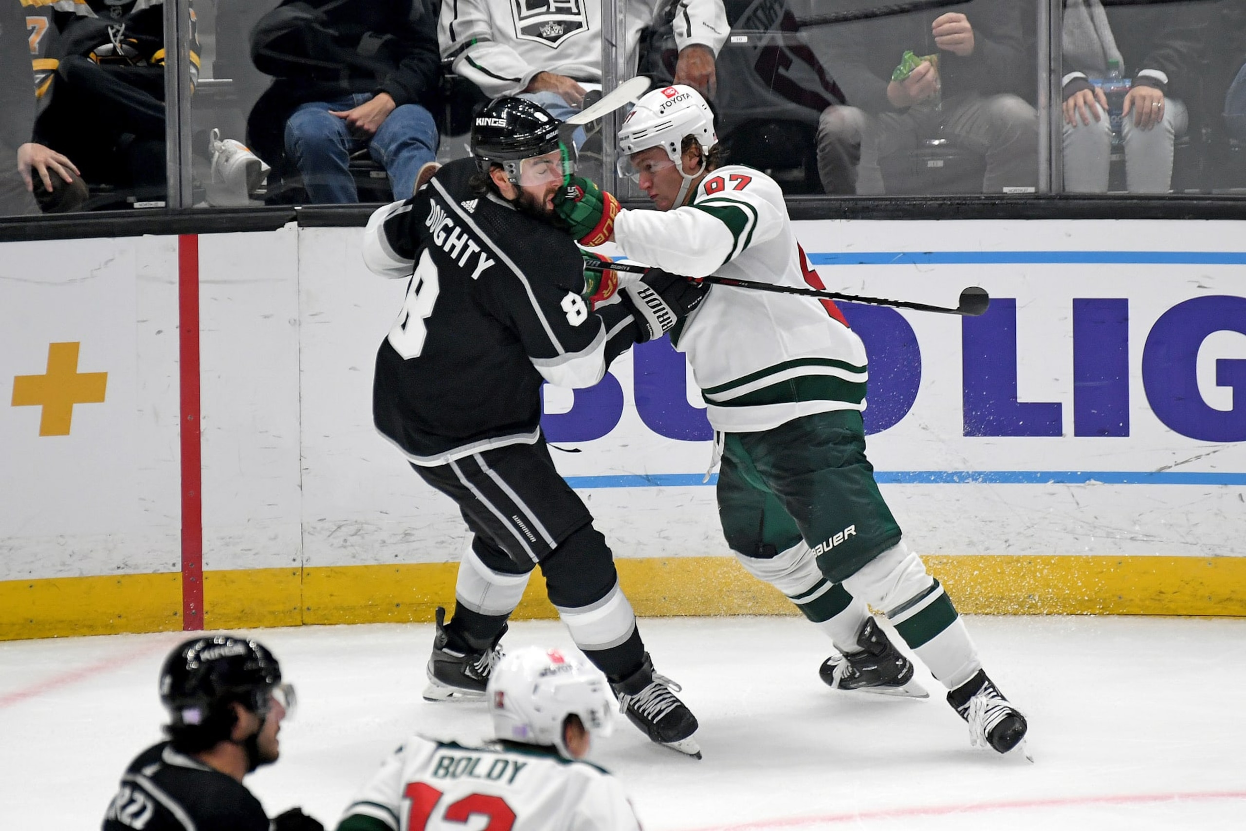 Minnesota winger Kirill Kaprizov was given a game misconduct following a high-sticking call involving Los Angeles defenseman Drew Doughty. Minnesota winger Kirill Kaprizov was given a game misconduct following a high-sticking call involving Los Angeles defenseman Drew Doughty.