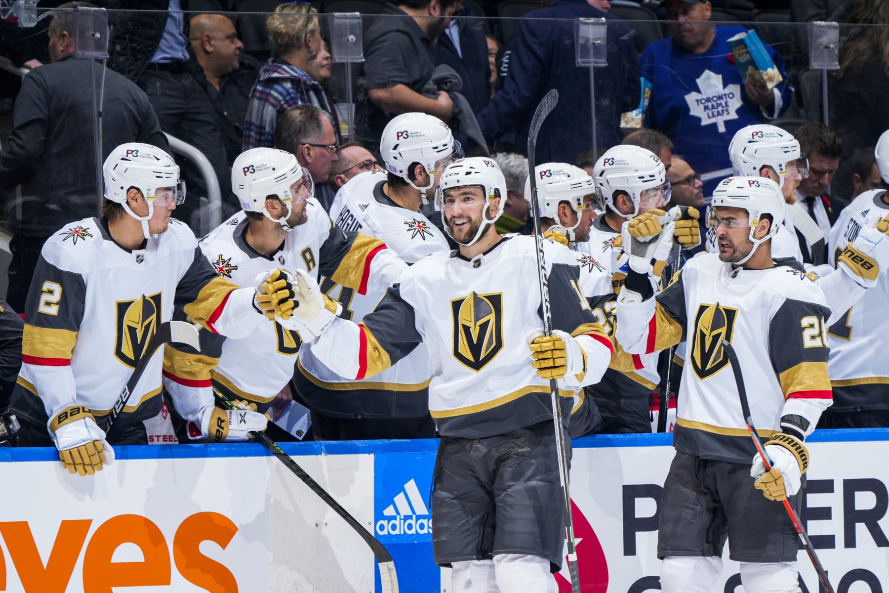 TORONTO, ON - NOVEMBER 8: Nicolas Roy #10 of the Vegas Golden Knights celebrates his goal against the Toronto Maple Leafs during the first period at the Scotiabank Arena on November 8, 2022 in Toronto, Ontario, Canada. (Photo by Mark Blinch/NHLI via Getty Images)