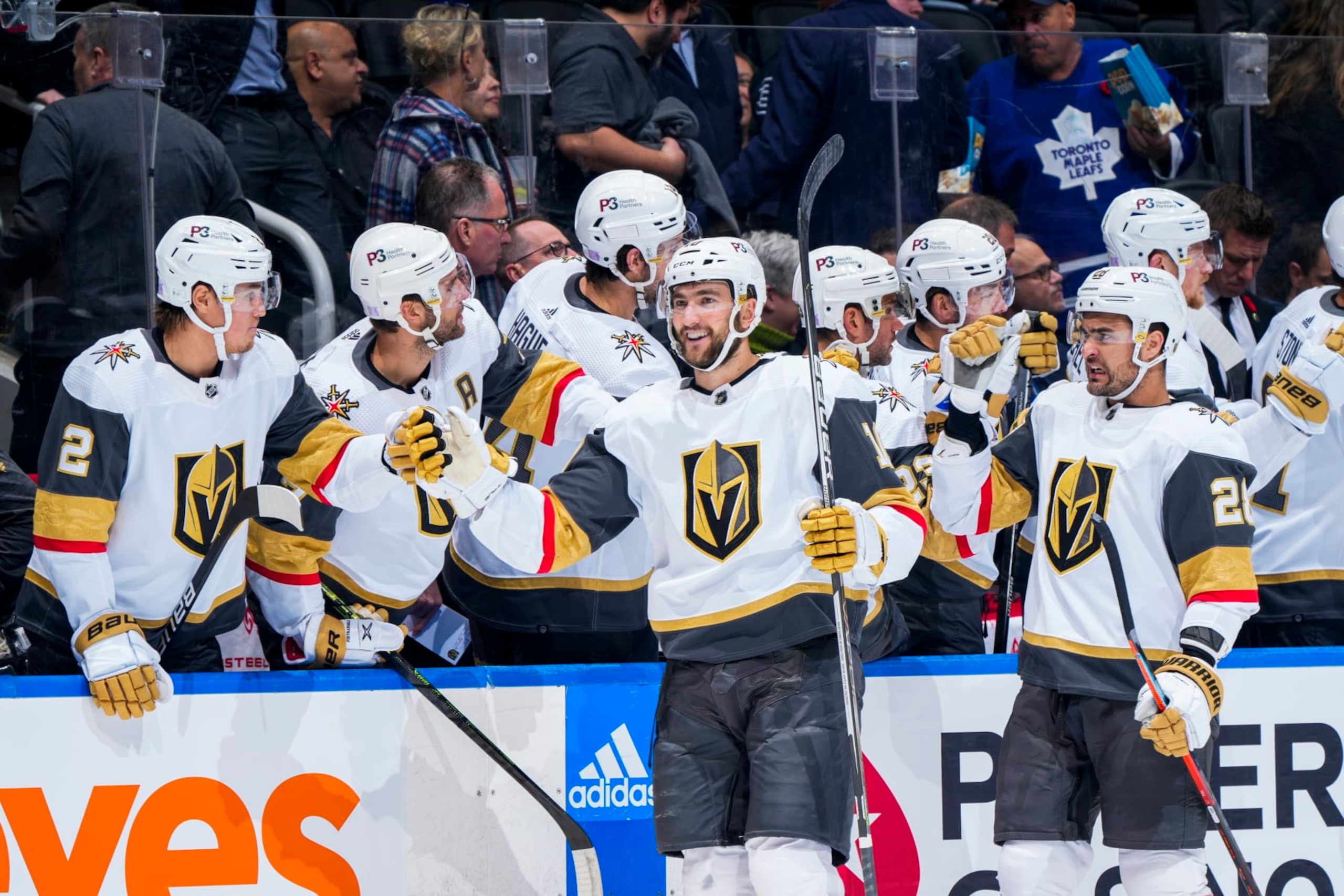 TORONTO, ON - NOVEMBER 8: Nicolas Roy #10 of the Vegas Golden Knights celebrates his goal against the Toronto Maple Leafs during the first period at the Scotiabank Arena on November 8, 2022 in Toronto, Ontario, Canada. (Photo by Mark Blinch/NHLI via Getty Images) TORONTO, ON - NOVEMBER 8: Nicolas Roy #10 of the Vegas Golden Knights celebrates his goal against the Toronto Maple Leafs during the first period at the Scotiabank Arena on November 8, 2022 in Toronto, Ontario, Canada. (Photo by Mark Blinch/NHLI via Getty Images)