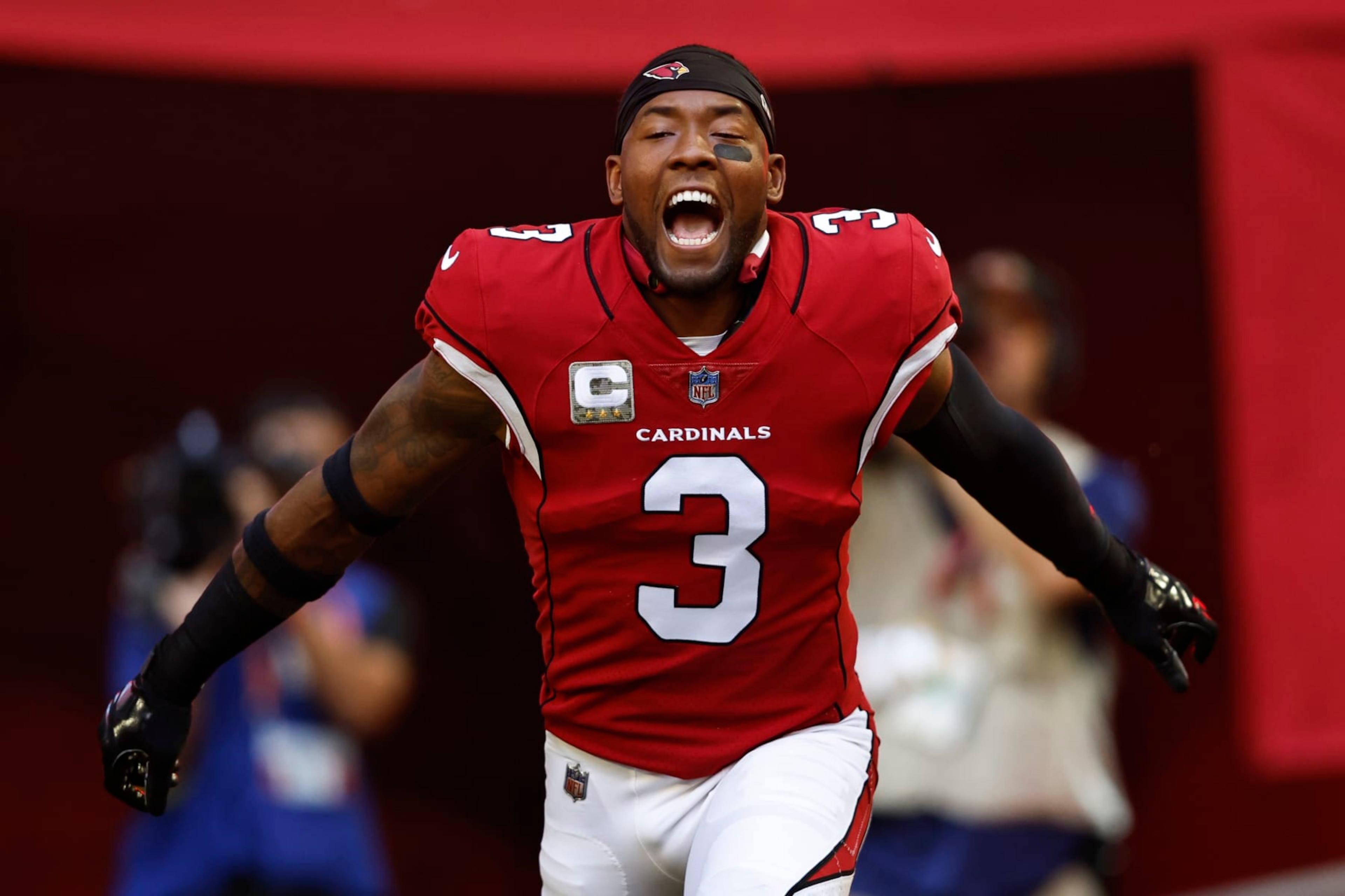 GLENDALE, ARIZONA - NOVEMBER 06: Budda Baker #3 of the Arizona Cardinals reacts as he takes the field prior to an NFL Football game between the Arizona Cardinals and the Seattle Seahawks at State Farm Stadium on November 06, 2022 in Glendale, Arizona. (Photo by Michael Owens/Getty Images) GLENDALE, ARIZONA - NOVEMBER 06: Budda Baker #3 of the Arizona Cardinals reacts as he takes the field prior to an NFL Football game between the Arizona Cardinals and the Seattle Seahawks at State Farm Stadium on November 06, 2022 in Glendale, Arizona. (Photo by Michael Owens/Getty Images)
