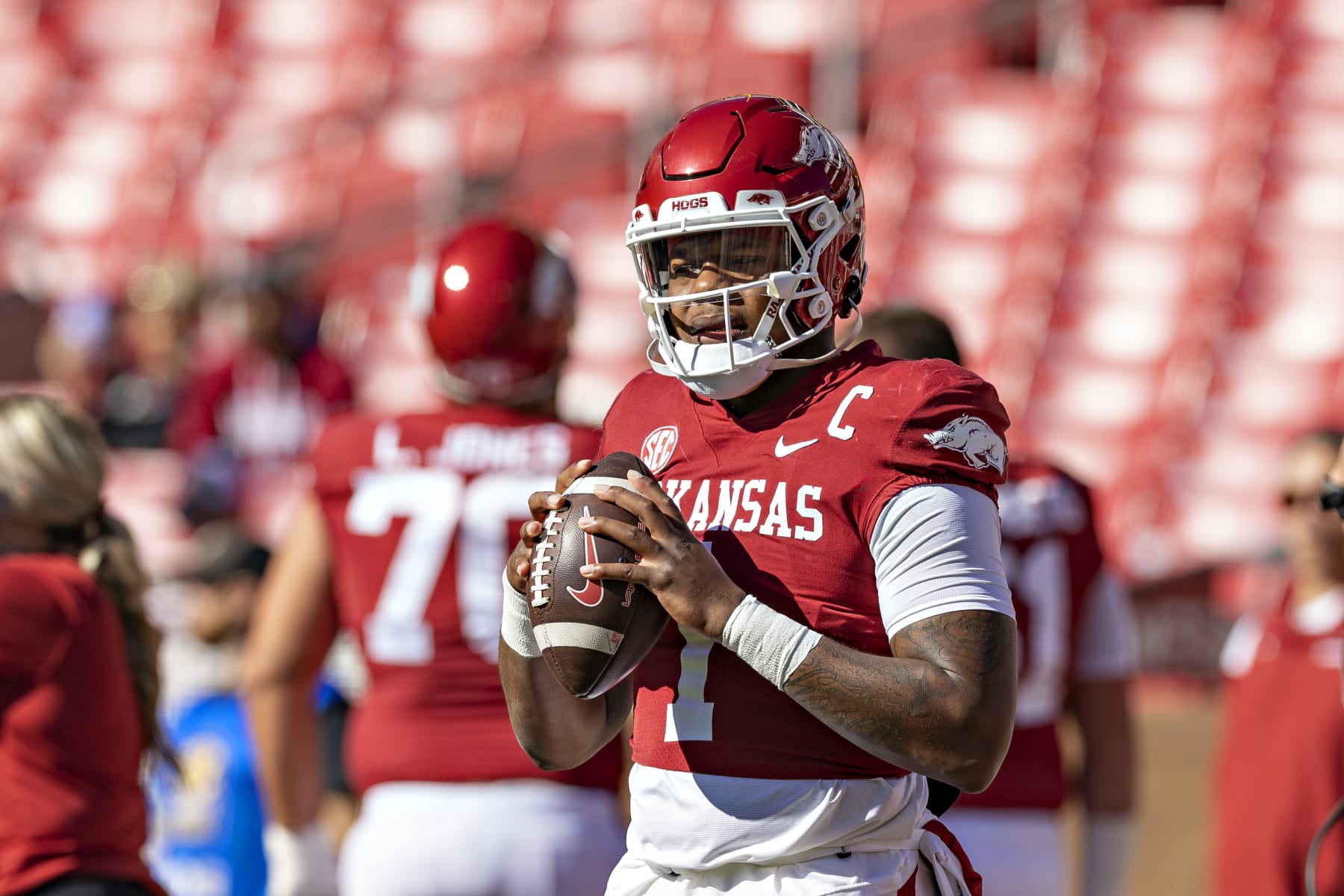 FAYETTEVILLE, ARKANSAS - NOVEMBER 05: K.J. Jefferson #1 of the Arkansas Razorbacks warms up before a game against the Liberty Flames at Donald W. Reynolds Razorback Stadium on November 05, 2022 in Fayetteville, Arkansas. (Photo by Wesley Hitt/Getty Images)