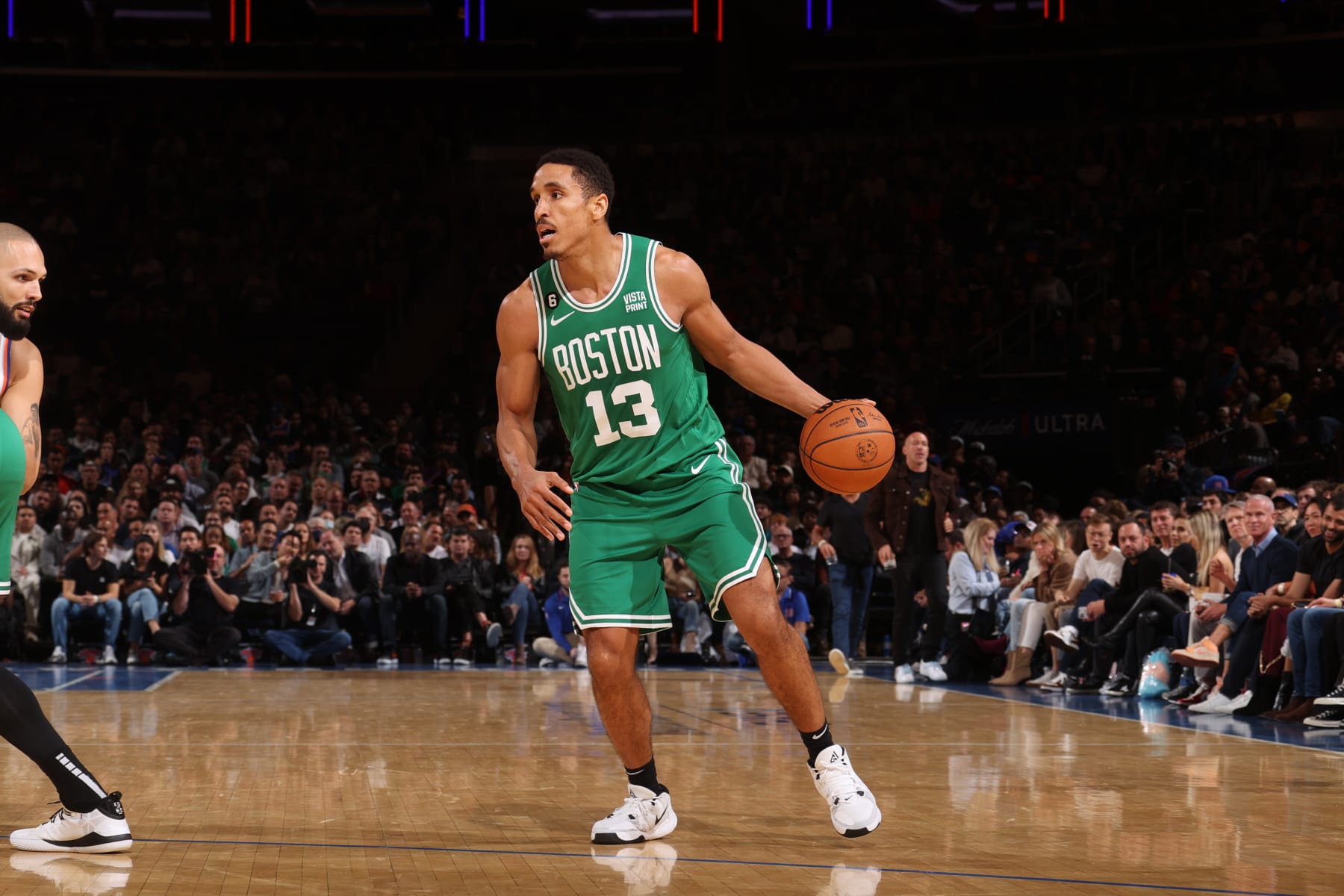 NEW YORK, NY - NOVEMBER 5: Malcolm Brogdon #13 of the Boston Celtics dribbles the ball during the game against the New York Knicks on November 5, 2022 at Madison Square Garden in New York City, New York.  NOTE TO USER: User expressly acknowledges and agrees that, by downloading and or using this photograph, User is consenting to the terms and conditions of the Getty Images License Agreement. Mandatory Copyright Notice: Copyright 2022 NBAE  (Photo by Nathaniel S. Butler/NBAE via Getty Images)