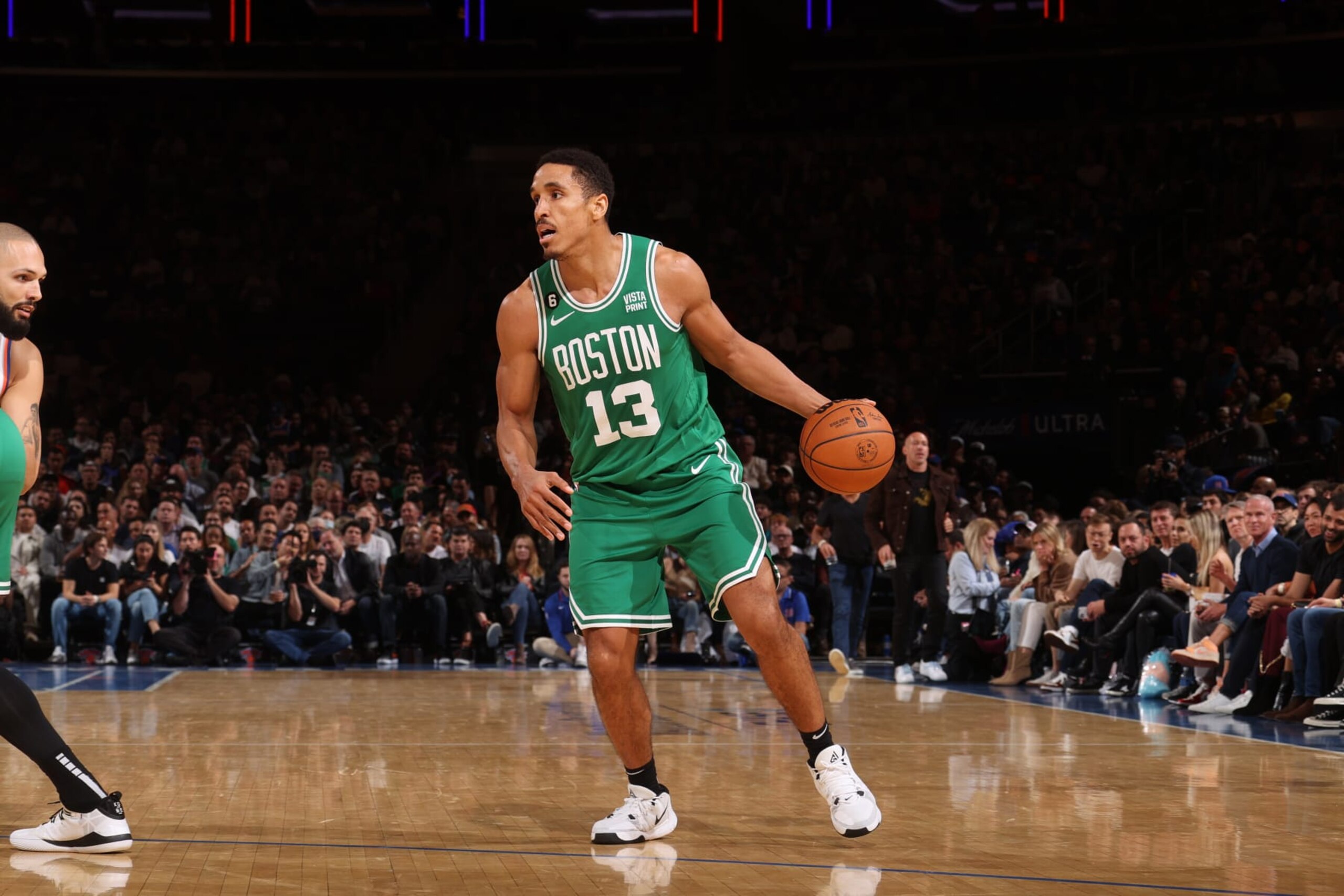 NEW YORK, NY - NOVEMBER 5: Malcolm Brogdon #13 of the Boston Celtics dribbles the ball during the game against the New York Knicks on November 5, 2022 at Madison Square Garden in New York City, New York. NOTE TO USER: User expressly acknowledges and agrees that, by downloading and or using this photograph, User is consenting to the terms and conditions of the Getty Images License Agreement. Mandatory Copyright Notice: Copyright 2022 NBAE (Photo by Nathaniel S. Butler/NBAE via Getty Images) NEW YORK, NY - NOVEMBER 5: Malcolm Brogdon #13 of the Boston Celtics dribbles the ball during the game against the New York Knicks on November 5, 2022 at Madison Square Garden in New York City, New York. NOTE TO USER: User expressly acknowledges and agrees that, by downloading and or using this photograph, User is consenting to the terms and conditions of the Getty Images License Agreement. Mandatory Copyright Notice: Copyright 2022 NBAE (Photo by Nathaniel S. Butler/NBAE via Getty Images)
