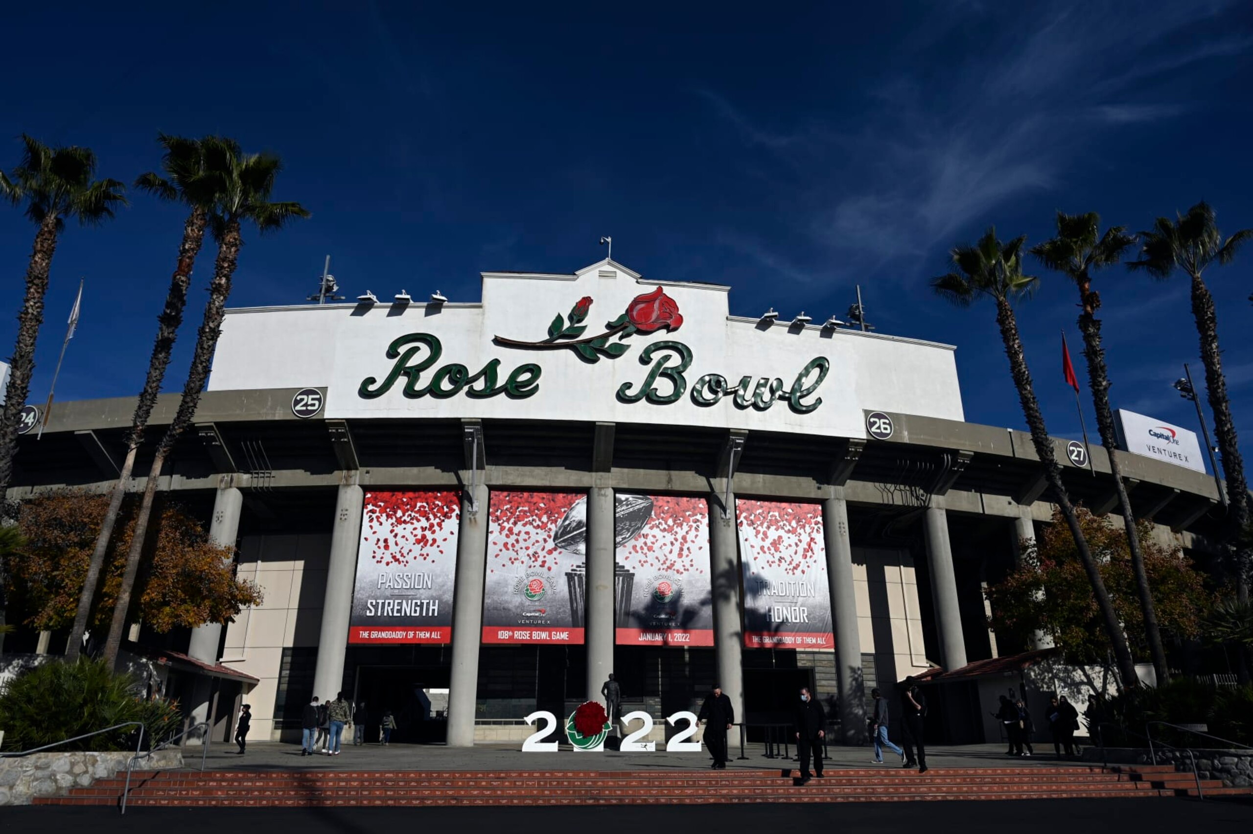 The exterior of the stadium is seen before the Rose Bowl NCAA college football game between Utah and Ohio State Saturday, Jan. 1, 2022, in Pasadena, Calif. (AP Photo/John McCoy) The exterior of the stadium is seen before the Rose Bowl NCAA college football game between Utah and Ohio State Saturday, Jan. 1, 2022, in Pasadena, Calif. (AP Photo/John McCoy)