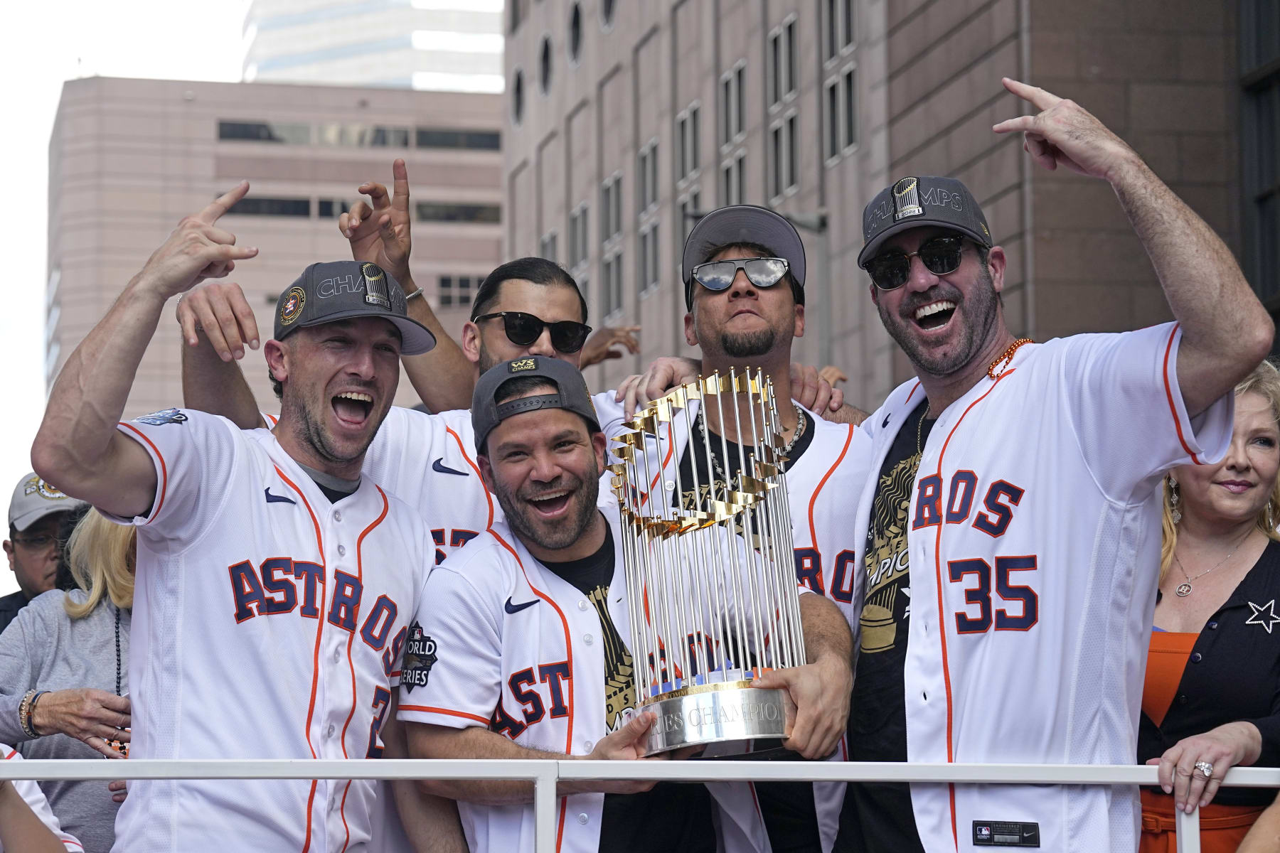 Houston Astros, from left to right, Alex Bergman, Jose Altuve, Lance McCullers Jr., Yuri Gurriel and Justin Verlander celebrate during a World Series baseball championship parade Monday, Nov. 7, 2022, in Houston. (AP Photo/David J. Phillip)