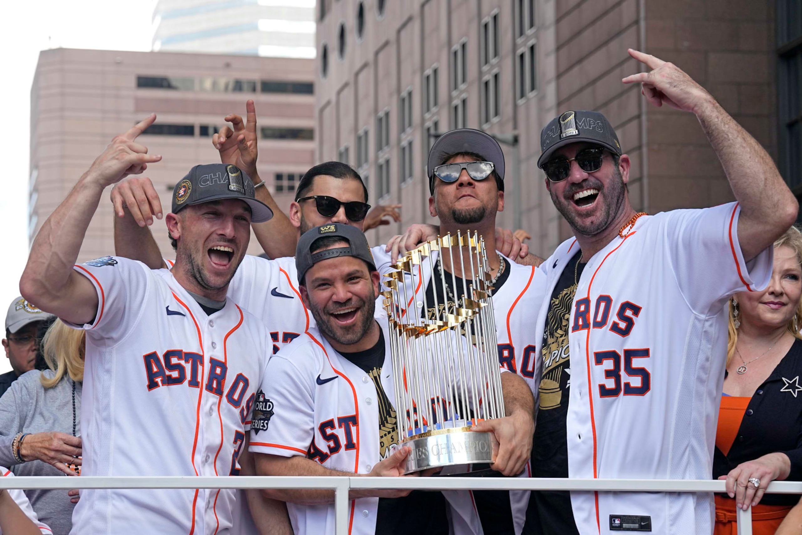 Houston Astros, from left to right, Alex Bergman, Jose Altuve, Lance McCullers Jr., Yuri Gurriel and Justin Verlander celebrate during a World Series baseball championship parade Monday, Nov. 7, 2022, in Houston. (AP Photo/David J. Phillip) Houston Astros, from left to right, Alex Bergman, Jose Altuve, Lance McCullers Jr., Yuri Gurriel and Justin Verlander celebrate during a World Series baseball championship parade Monday, Nov. 7, 2022, in Houston. (AP Photo/David J. Phillip)
