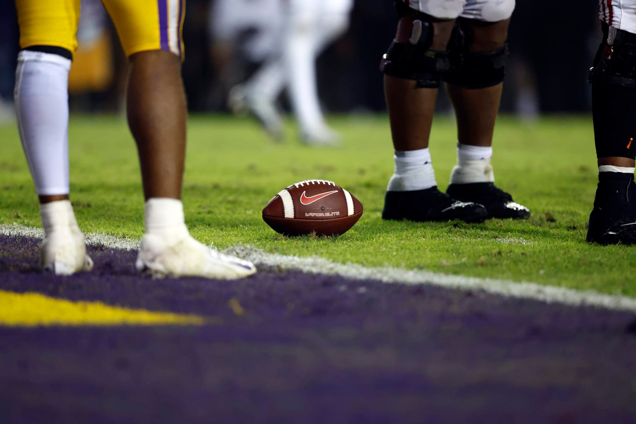 A detailed view of the football on the field during an NCAA college football game between LSU and Alabama in Baton Rouge, La., Saturday, Nov. 5, 2022. (AP Photo/Tyler Kaufman)