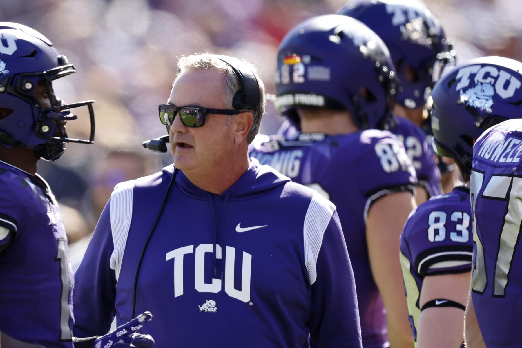 TCU head coach Sonny Dykes looks on from the sidelines as TCU plays Texas Tech during the first half of an NCAA college football game Saturday, Nov. 5, 2022, in Fort Worth, Texas. TCU won 34-24. (AP Photo/Ron Jenkins)