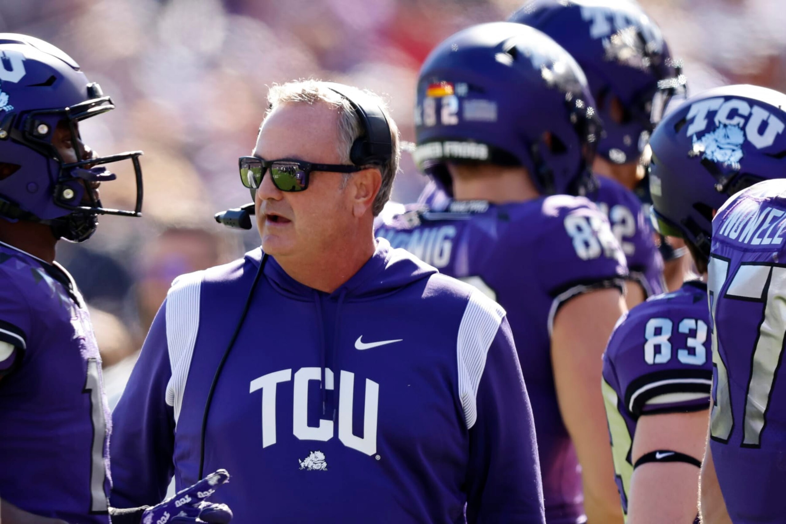 TCU head coach Sonny Dykes looks on from the sidelines as TCU plays Texas Tech during the first half of an NCAA college football game Saturday, Nov. 5, 2022, in Fort Worth, Texas. TCU won 34-24. (AP Photo/Ron Jenkins)