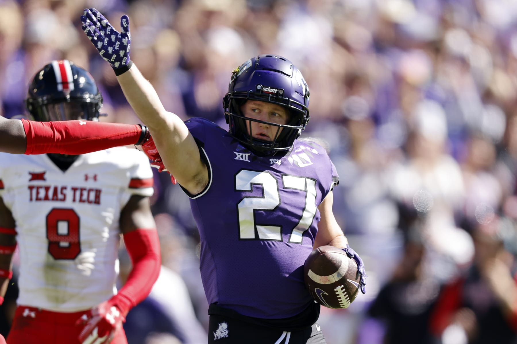 TCU wide receiver Gunnar Henderson (27) signals first down during the first half of an NCAA college football game against Texas Tech, Saturday, Nov. 5, 2022, in Fort Worth, Texas. (AP Photo/Ron Jenkins)