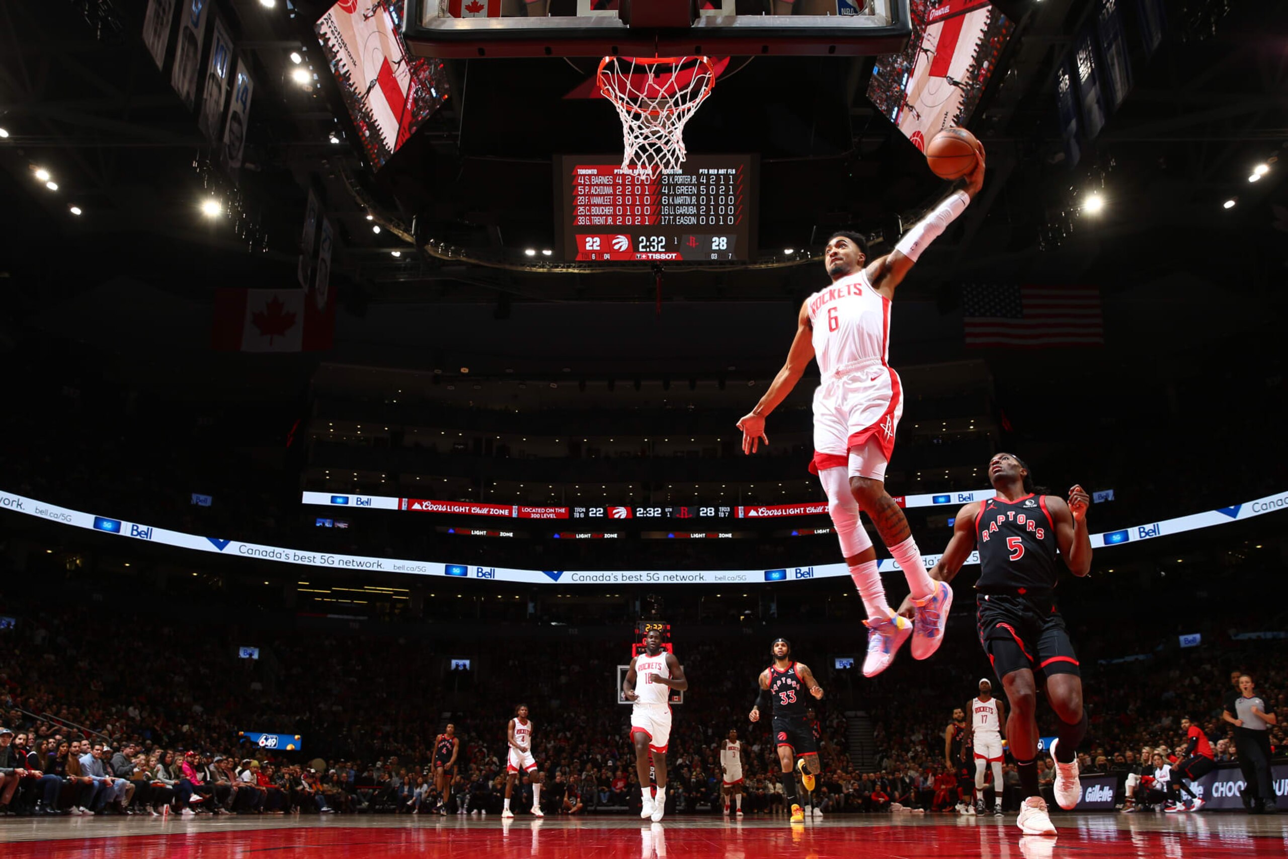 TORONTO, CANADA - NOVEMBER 9: Kenyon Martin Jr. #6 of the Houston Rockets drives to the basket during the game against the Toronto Raptors on November 9, 2022 at the Scotiabank Arena in Toronto, Ontario, Canada.  NOTE TO USER: User expressly acknowledges and agrees that, by downloading and or using this Photograph, user is consenting to the terms and conditions of the Getty Images License Agreement.  Mandatory Copyright Notice: Copyright 2022 NBAE (Photo by Vaughn Ridley/NBAE via Getty Images)