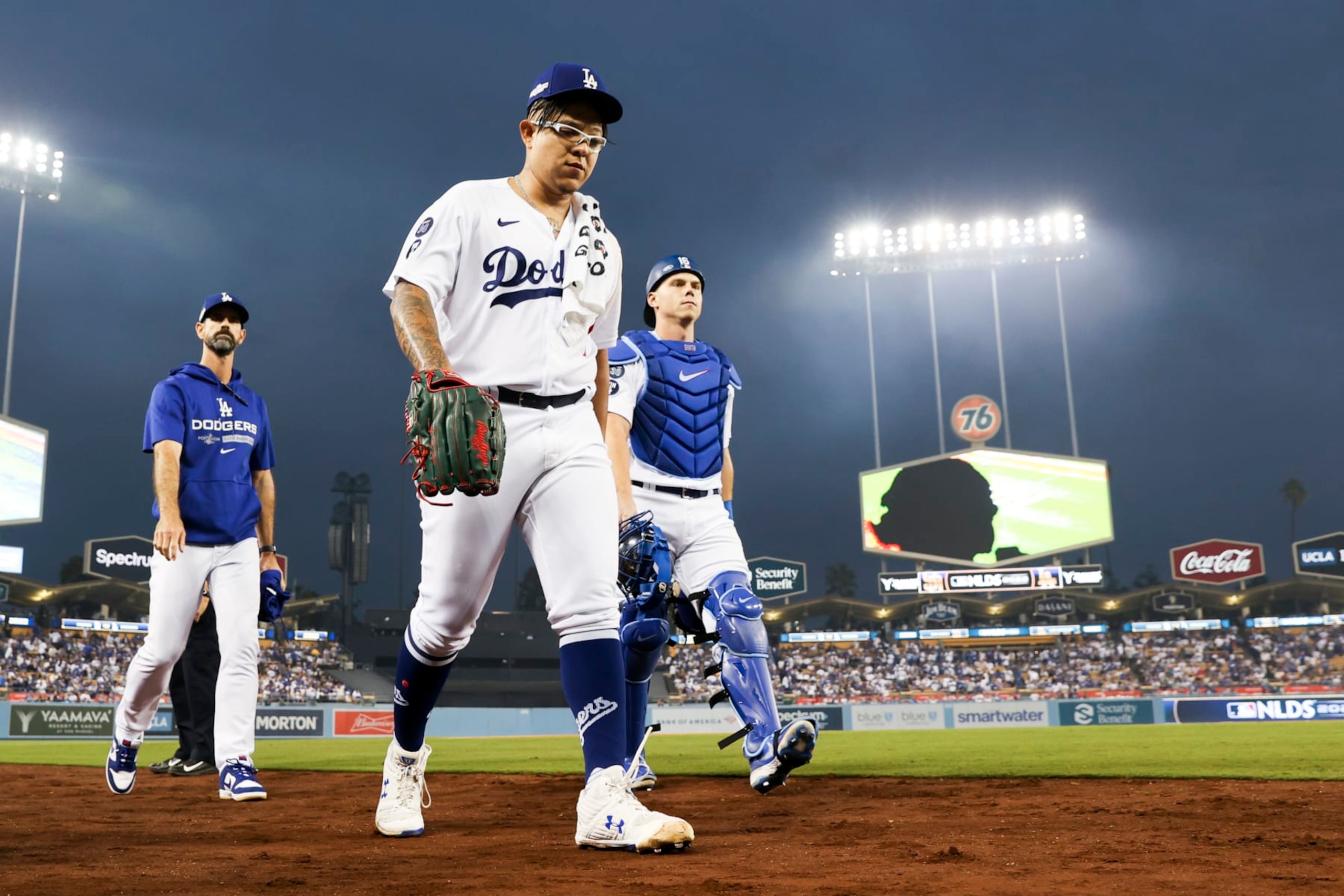 Los Angeles, CA - October 11: Los Angeles Dodgers starting pitcher Julio Urias (7) walks to the dugout before game one of the NLDS against the San Diego Padres at Dodger Stadium on Tuesday, Oct. 11, 2022 in Los Angeles, CA.(Robert Gauthier / Los Angeles Times via Getty Images)