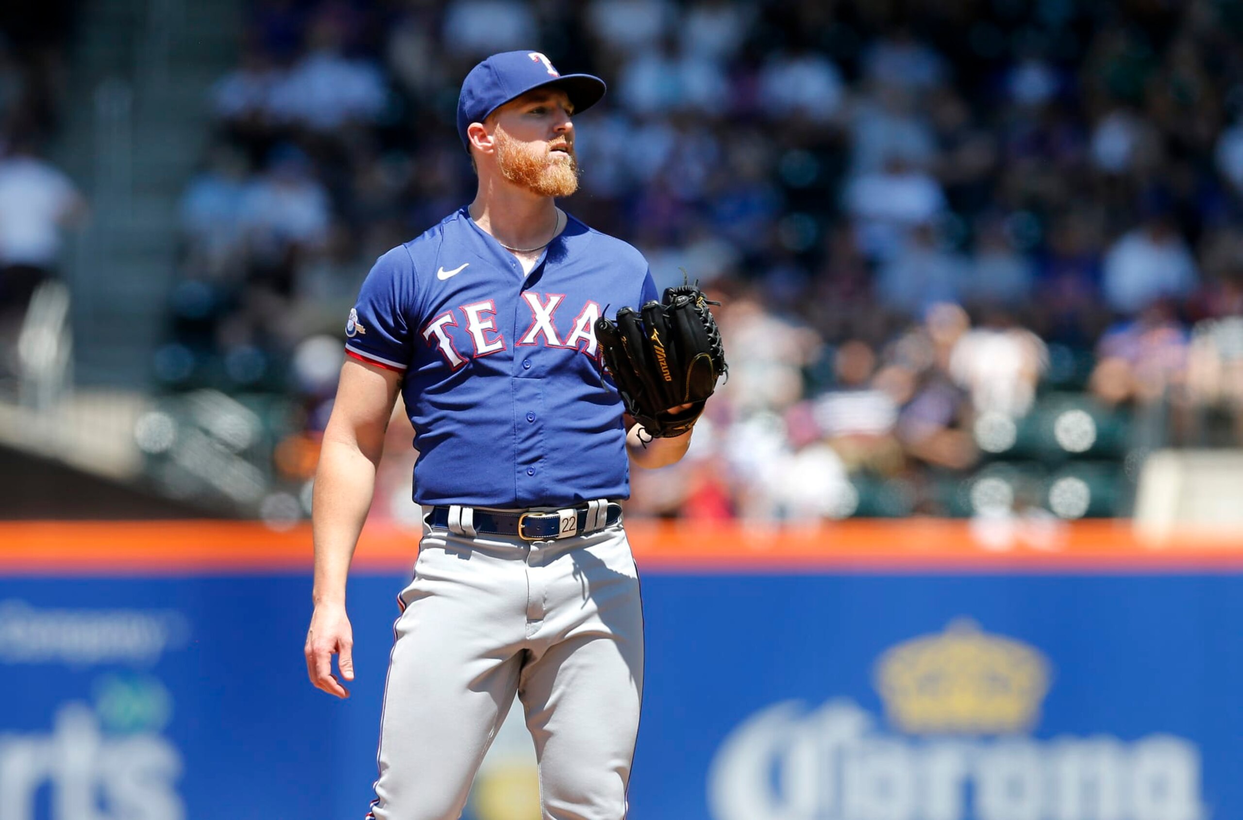 NEW YORK, NEW YORK - JULY 03:  Jon Gray #22 of the Texas Rangers in action against the New York Mets at Citi Field on July 03, 2022 in New York City. The Mets defeated the Rangers 4-1. (Photo by Jim McIsaac/Getty Images)