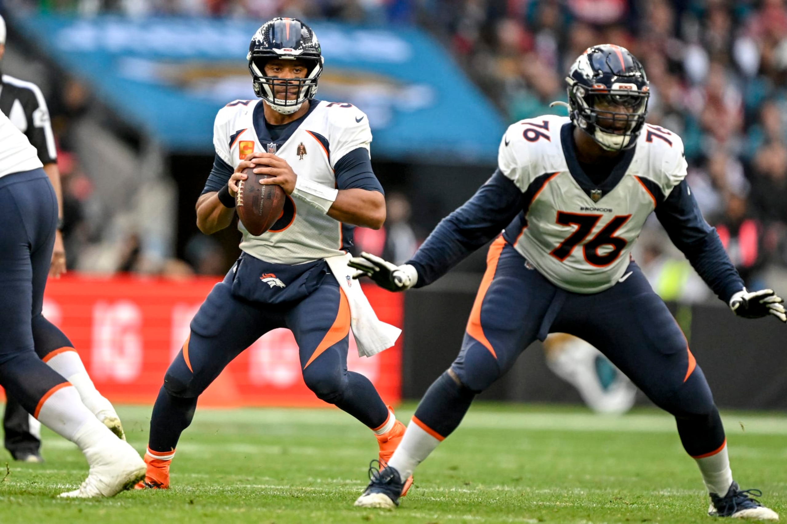 LONDON, U.K. - OCTOBER 30: Russell Wilson (3) of the Denver Broncos works against the Jacksonville Jaguars during the second quarter at Wembley Stadium in London on Sunday, October 30, 2022. (Photo by AAron Ontiveroz/MediaNews Group/The Denver Post via Getty Images) LONDON, U.K. - OCTOBER 30: Russell Wilson (3) of the Denver Broncos works against the Jacksonville Jaguars during the second quarter at Wembley Stadium in London on Sunday, October 30, 2022. (Photo by AAron Ontiveroz/MediaNews Group/The Denver Post via Getty Images)
