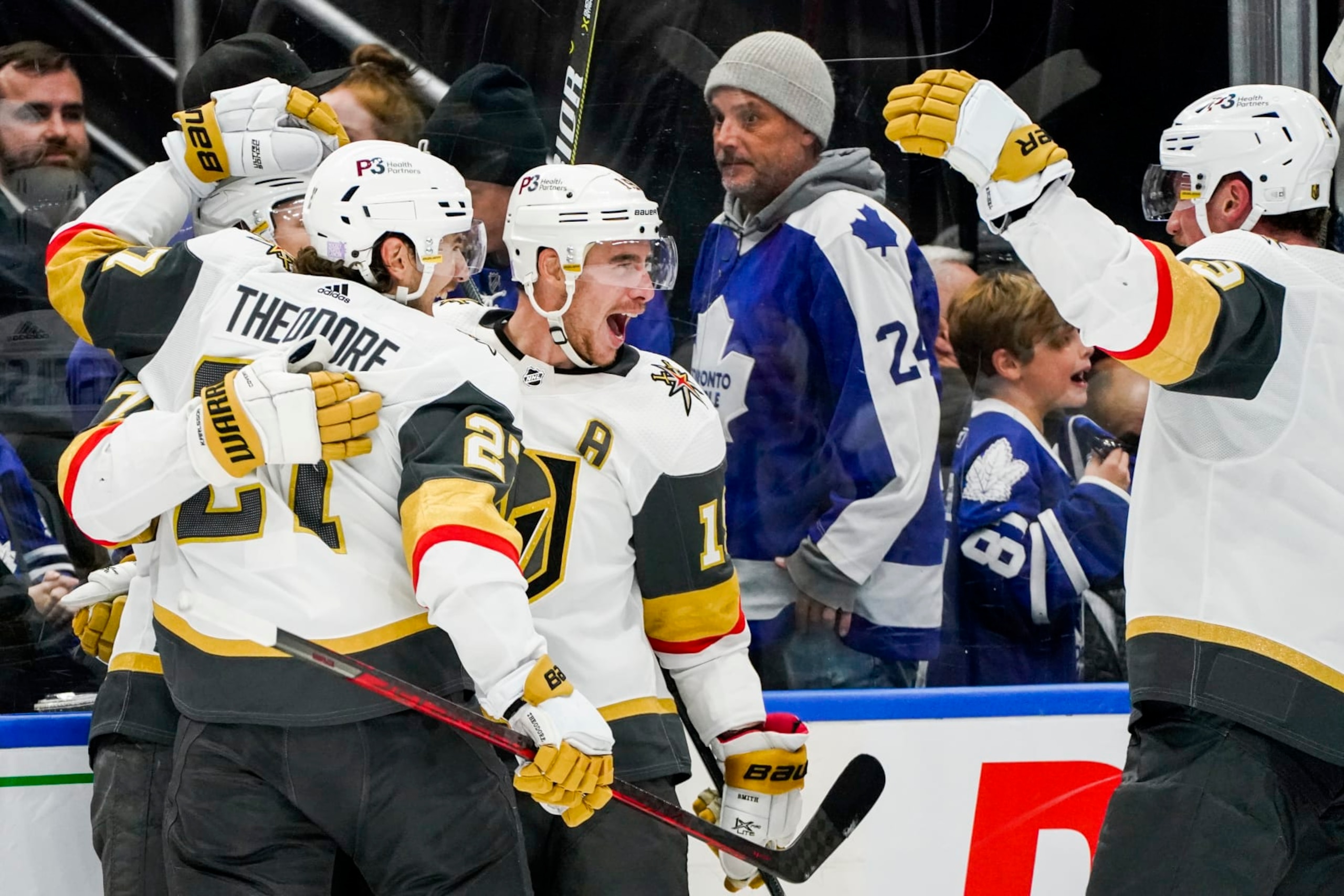 TORONTO, ON - NOVEMBER 8: Reilly Smith #19 of the Vegas Golden Knights celebrates after scoring the game winning goal in overtime against the Toronto Maple Leafs with team-mates Shea Theodore #27, William Karlsson #71 and Jack Eichel #9 at the Scotiabank Arena on November 8, 2022 in Toronto, Ontario, Canada. (Photo by Kevin Sousa/NHLI via Getty Images) TORONTO, ON - NOVEMBER 8: Reilly Smith #19 of the Vegas Golden Knights celebrates after scoring the game winning goal in overtime against the Toronto Maple Leafs with team-mates Shea Theodore #27, William Karlsson #71 and Jack Eichel #9 at the Scotiabank Arena on November 8, 2022 in Toronto, Ontario, Canada. (Photo by Kevin Sousa/NHLI via Getty Images)
