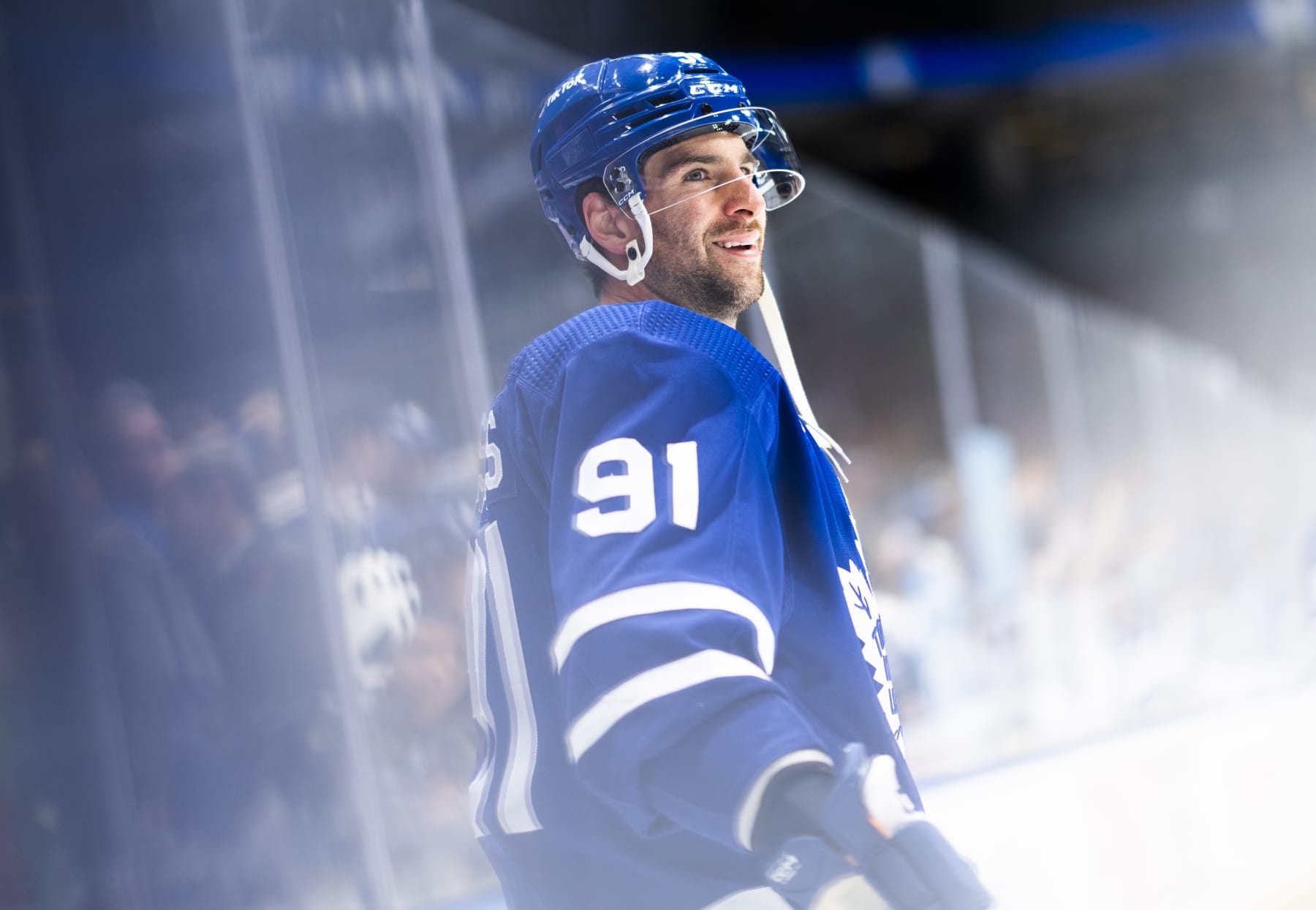 TORONTO, ON - NOVEMBER 8: John Tavares #91 of the Toronto Maple Leafs takes part in warm ups before playing the Vegas Golden Knights at Scotiabank Arena on November 8, 2022 in Toronto, Ontario, Canada. (Photo by Mark Blinch/NHLI via Getty Images)