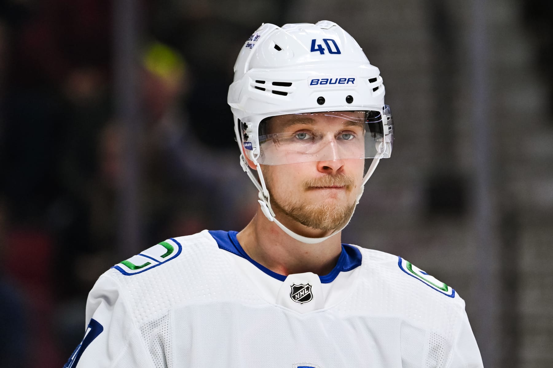 MONTREAL, QC - NOVEMBER 09: Look on Vancouver Canucks center Elias Pettersson (40) during the Vancouver Canucks versus the Montreal Canadiens game on November 09, 2022, at Bell Centre in Montreal, QC (Photo by David Kirouac/Icon Sportswire via Getty Images)