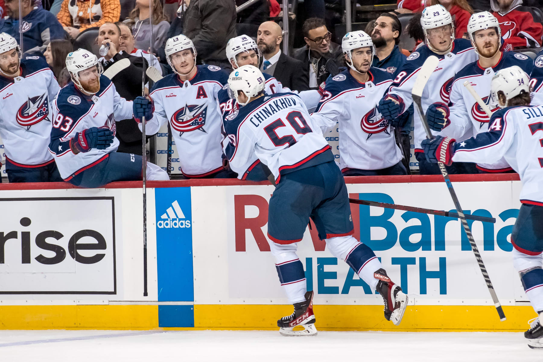 NEWARK, NJ - OCTOBER 30:  Yegor Chinakhov #59 of the Columbus Blue Jackets comes to the bench after scoring during the second period against the Columbus Blue Jackets on October 30, 2022 at the Prudential Center in Newark, New Jersey.  (Photo by Andrew Maclean /NHLI via Getty Images)