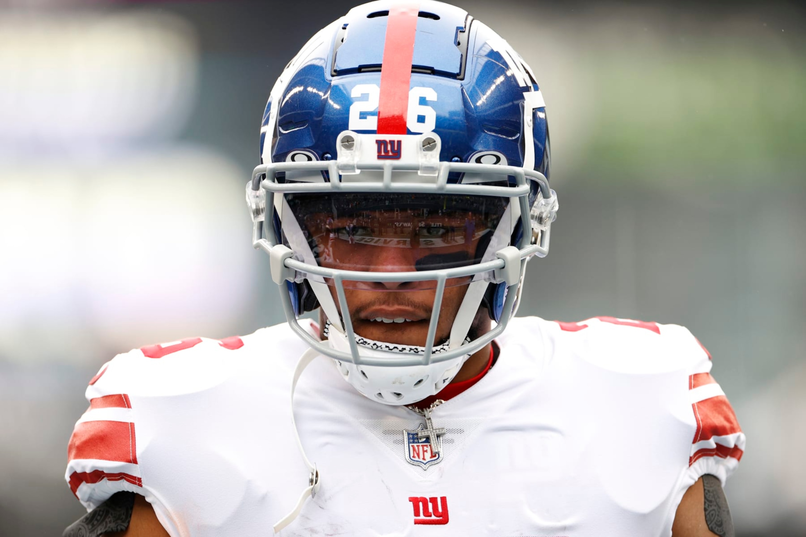 SEATTLE, WASHINGTON - OCTOBER 30: Saquon Barkley #26 of the New York Giants takes the field against the Seattle Seahawks at Lumen Field on October 30, 2022 in Seattle, Washington. (Photo by Steph Chambers/Getty Images) SEATTLE, WASHINGTON - OCTOBER 30: Saquon Barkley #26 of the New York Giants takes the field against the Seattle Seahawks at Lumen Field on October 30, 2022 in Seattle, Washington. (Photo by Steph Chambers/Getty Images)