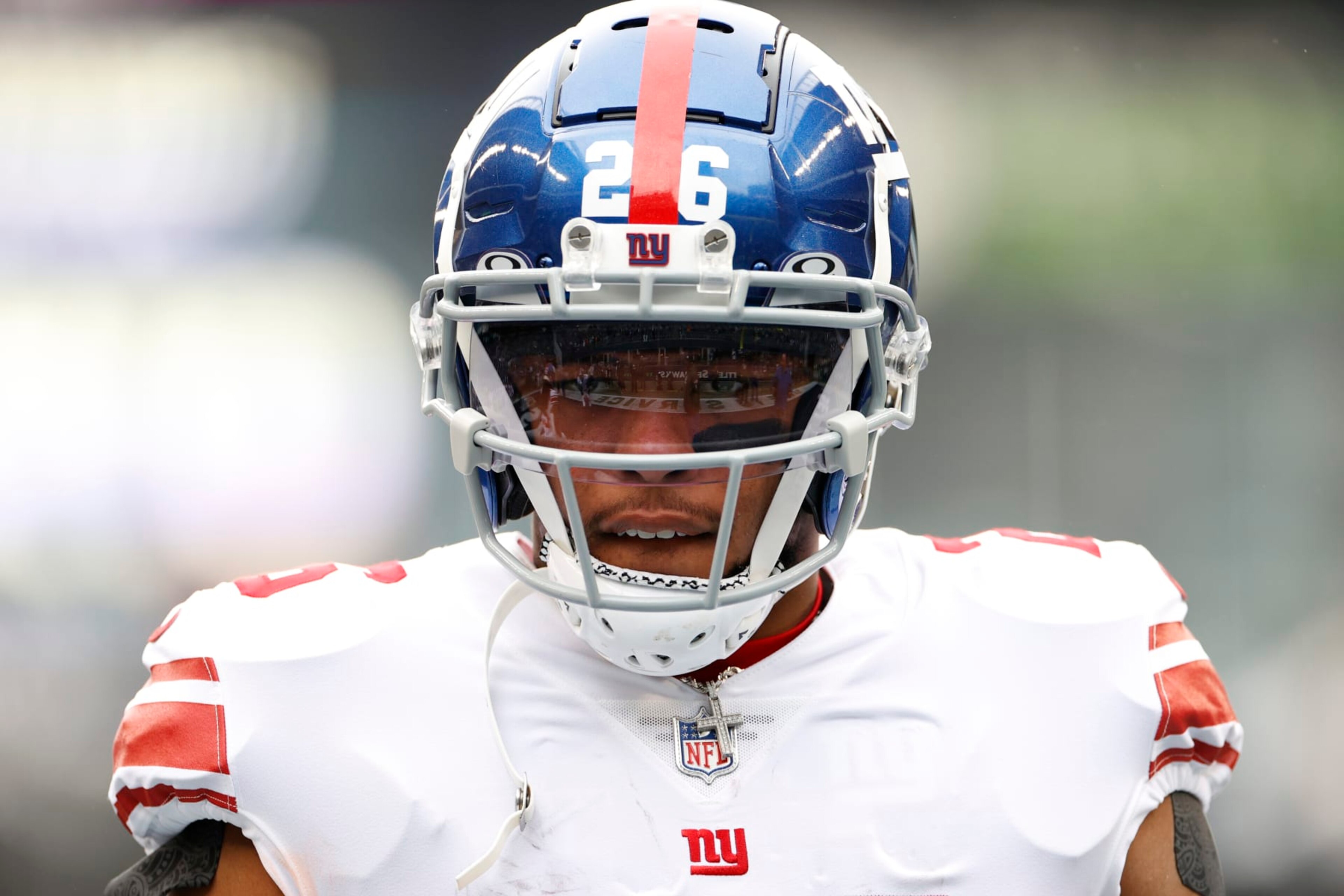 SEATTLE, WASHINGTON - OCTOBER 30: Saquon Barkley #26 of the New York Giants takes the field against the Seattle Seahawks at Lumen Field on October 30, 2022 in Seattle, Washington. (Photo by Steph Chambers/Getty Images)