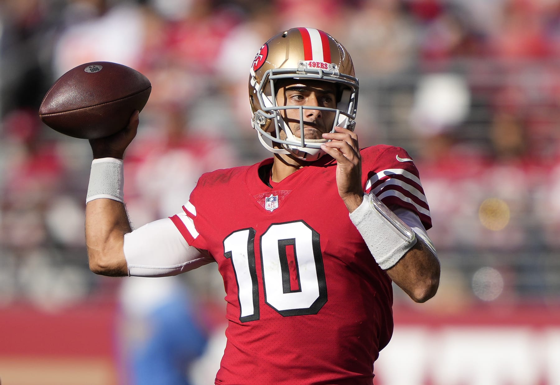 SANTA CLARA, CALIFORNIA - OCTOBER 23: Jimmy Garoppolo #10 of the San Francisco 49ers throws a pass against the Kansas City Chiefs during the third quarter at Levi's Stadium on October 23, 2022 in Santa Clara, California. (Photo by Thearon W. Henderson/Getty Images)