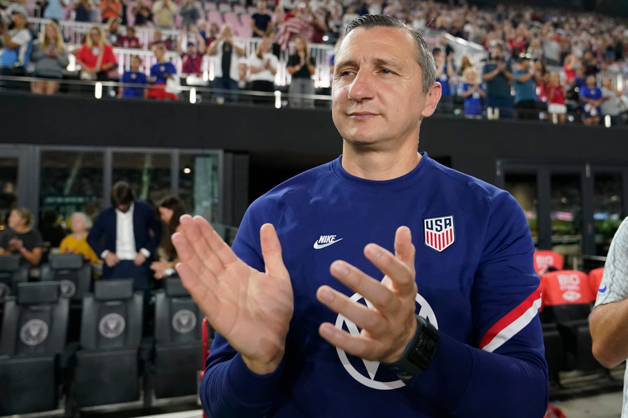 U.S.head coach Vlatko Andonovski applauds before an international friendly soccer match against Germany, Thursday, Nov. 10, 2022, in Fort Lauderdale, Fla. (AP Photo/Lynne Sladky)