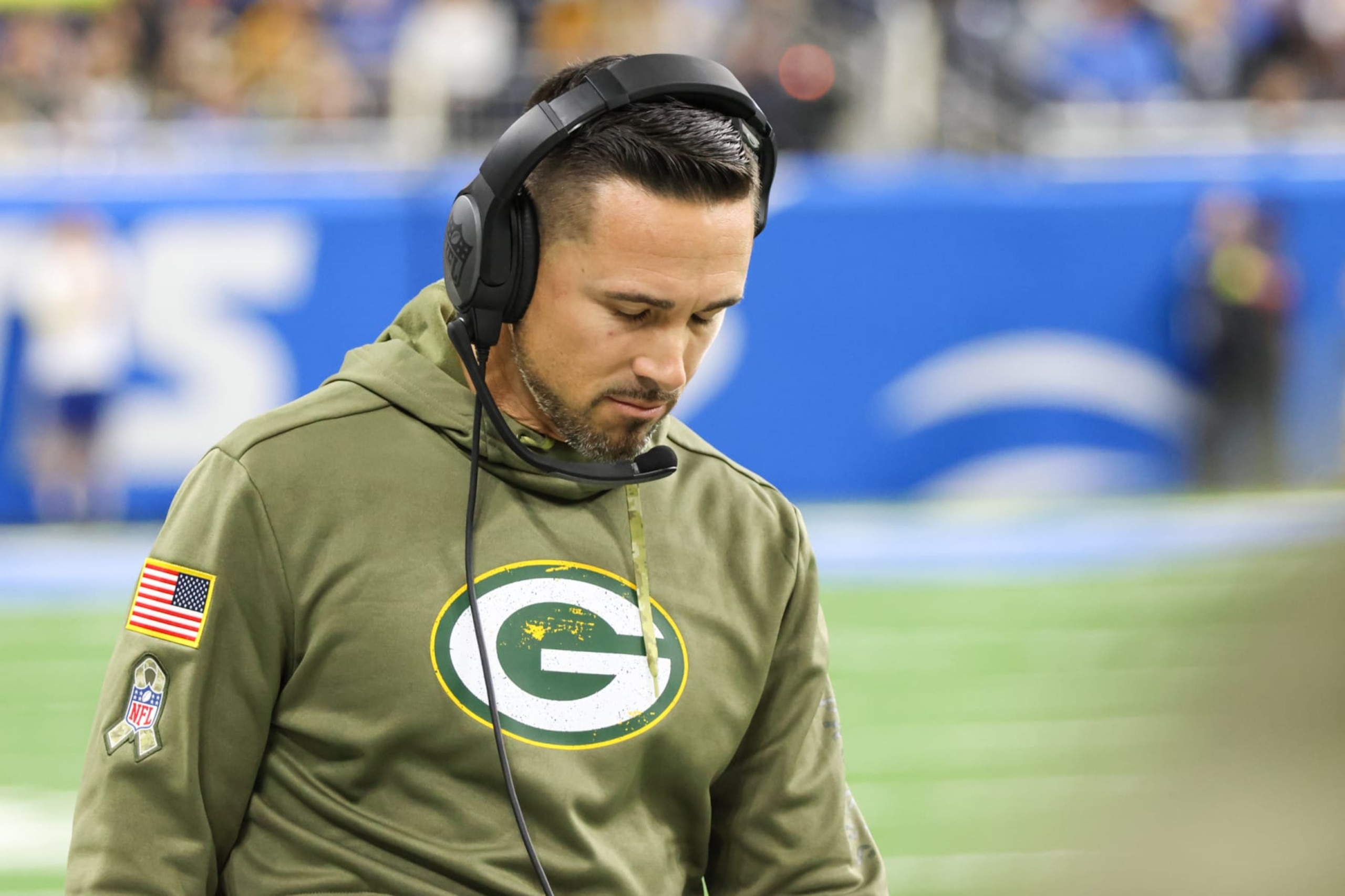 DETROIT, MI - NOVEMBER 06: Green Bay Packers head coach Matt LaFleur looks down as he walks along the sideline during the first quarter of an NFL regular season football game between the Green Bay Packers and the Detroit Lions on November 6, 2022 at Ford Field in Detroit, Michigan. (Photo by Scott W. Grau/Icon Sportswire via Getty Images) DETROIT, MI - NOVEMBER 06: Green Bay Packers head coach Matt LaFleur looks down as he walks along the sideline during the first quarter of an NFL regular season football game between the Green Bay Packers and the Detroit Lions on November 6, 2022 at Ford Field in Detroit, Michigan. (Photo by Scott W. Grau/Icon Sportswire via Getty Images)