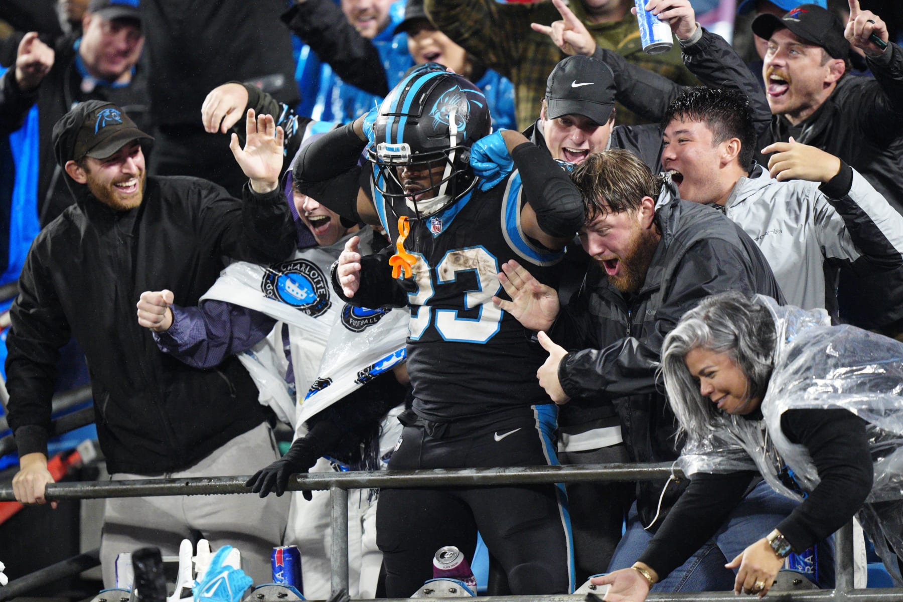 Carolina Panthers running back D'Onta Foreman celebrates after touchdown against the Atlanta Falcons during the second half of an NFL football game on Thursday, Nov. 10, 2022, in Charlotte, N.C. (AP Photo/Jacob Kupferman)