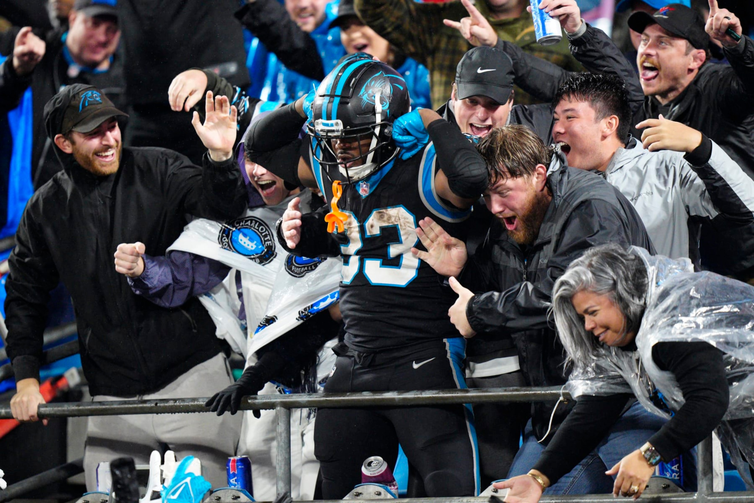 Carolina Panthers running back D'Onta Foreman celebrates after touchdown against the Atlanta Falcons during the second half of an NFL football game on Thursday, Nov. 10, 2022, in Charlotte, N.C. (AP Photo/Jacob Kupferman) Carolina Panthers running back D'Onta Foreman celebrates after touchdown against the Atlanta Falcons during the second half of an NFL football game on Thursday, Nov. 10, 2022, in Charlotte, N.C. (AP Photo/Jacob Kupferman)