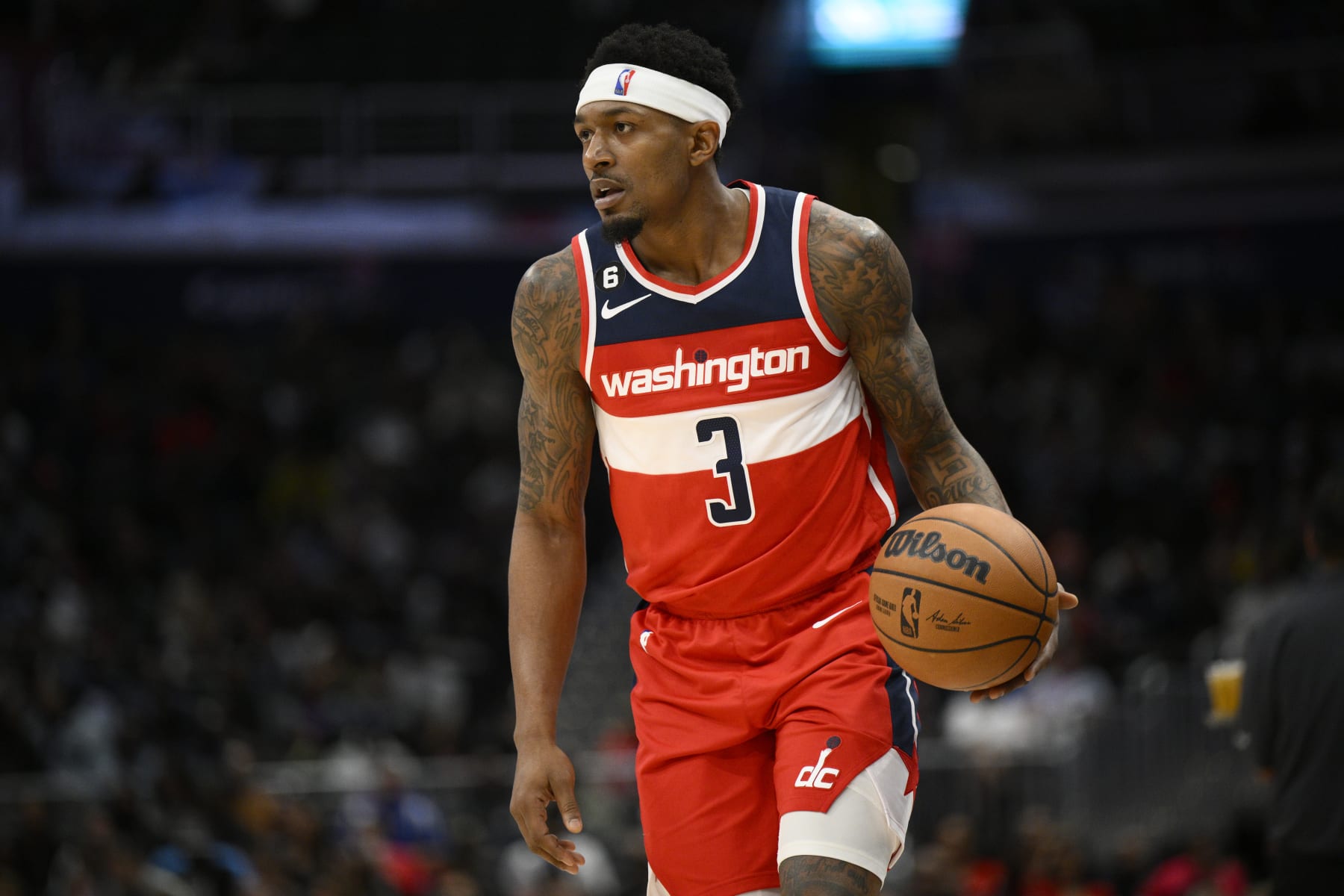 Washington Wizards guard Bradley Beal (3) in action during the first half of an NBA basketball game against the Brooklyn Nets, Friday, Nov. 4, 2022, in Washington. (AP Photo/Nick Wass)