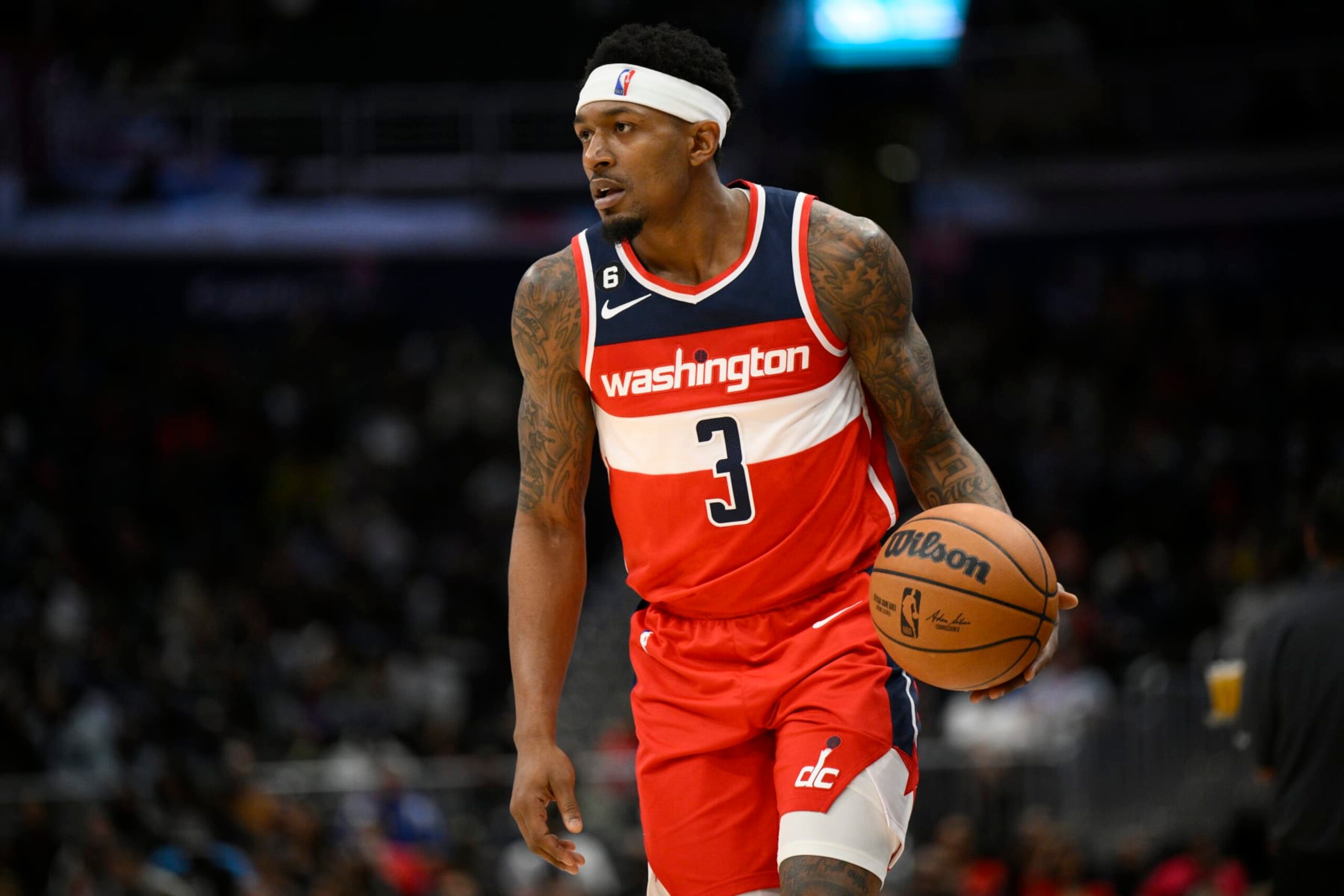 Washington Wizards guard Bradley Beal (3) in action during the first half of an NBA basketball game against the Brooklyn Nets, Friday, Nov. 4, 2022, in Washington. (AP Photo/Nick Wass)