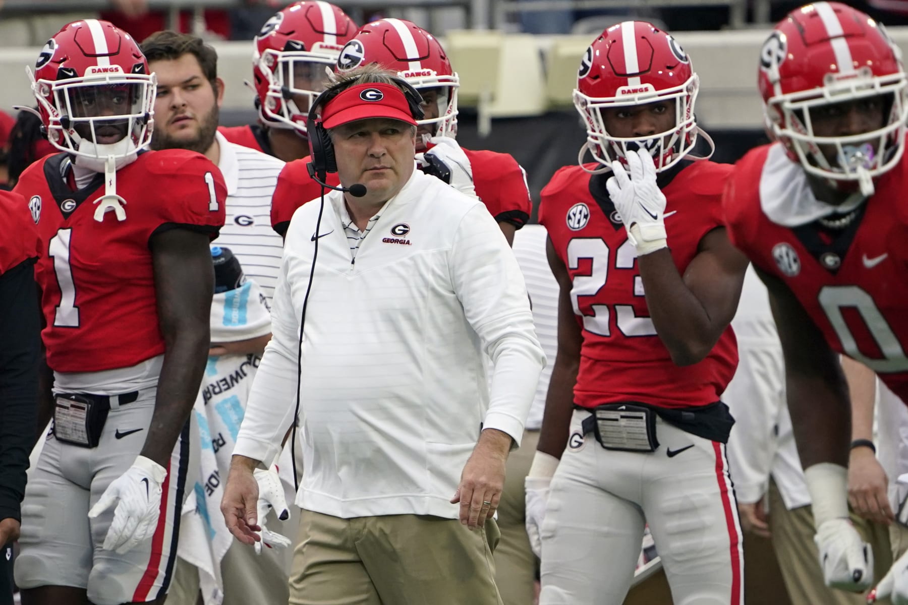 Georgia head coach Kirby Smart paces the sideline during the first half of an NCAA college football game against Florida Saturday, Oct. 29, 2022, in Jacksonville, Fla. (AP Photo/John Raoux)
