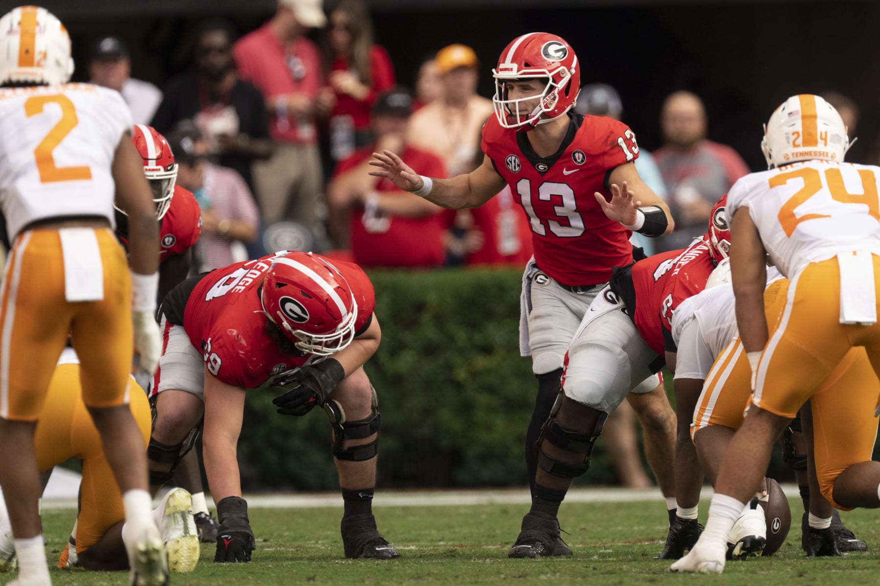 Georgia quarterback Stetson Bennett (13) calls the signals during the first half of an NCAA college football game against Tennessee Saturday, Nov. 5, 2022 in Athens, Ga. (AP Photo/John Bazemore)
