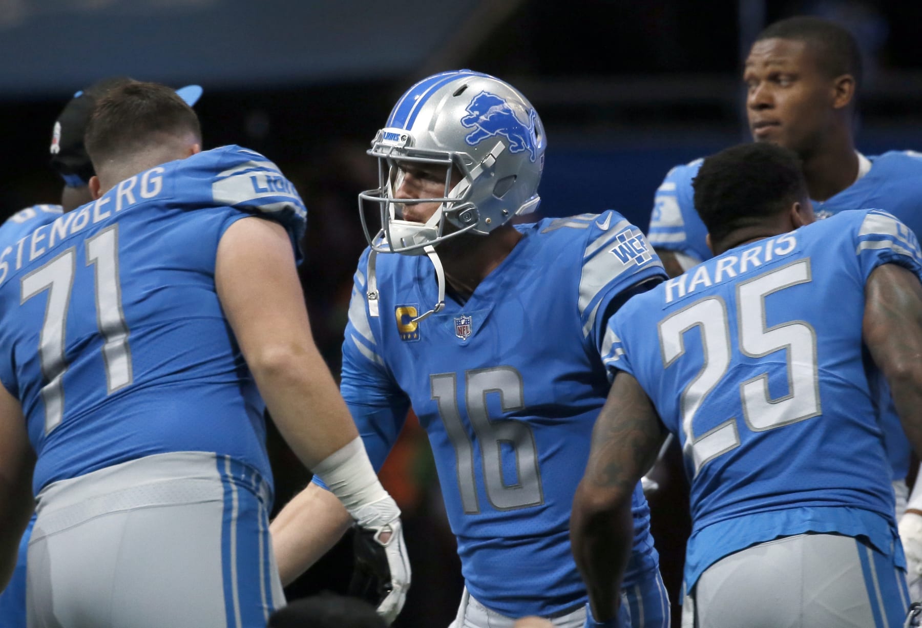Detroit Lions quarterback Jared Goff (16) is introduced before an NFL football game against the Green Bay Packers Sunday, Nov. 6, 2022, in Detroit. (AP Photo/Duane Burleson)