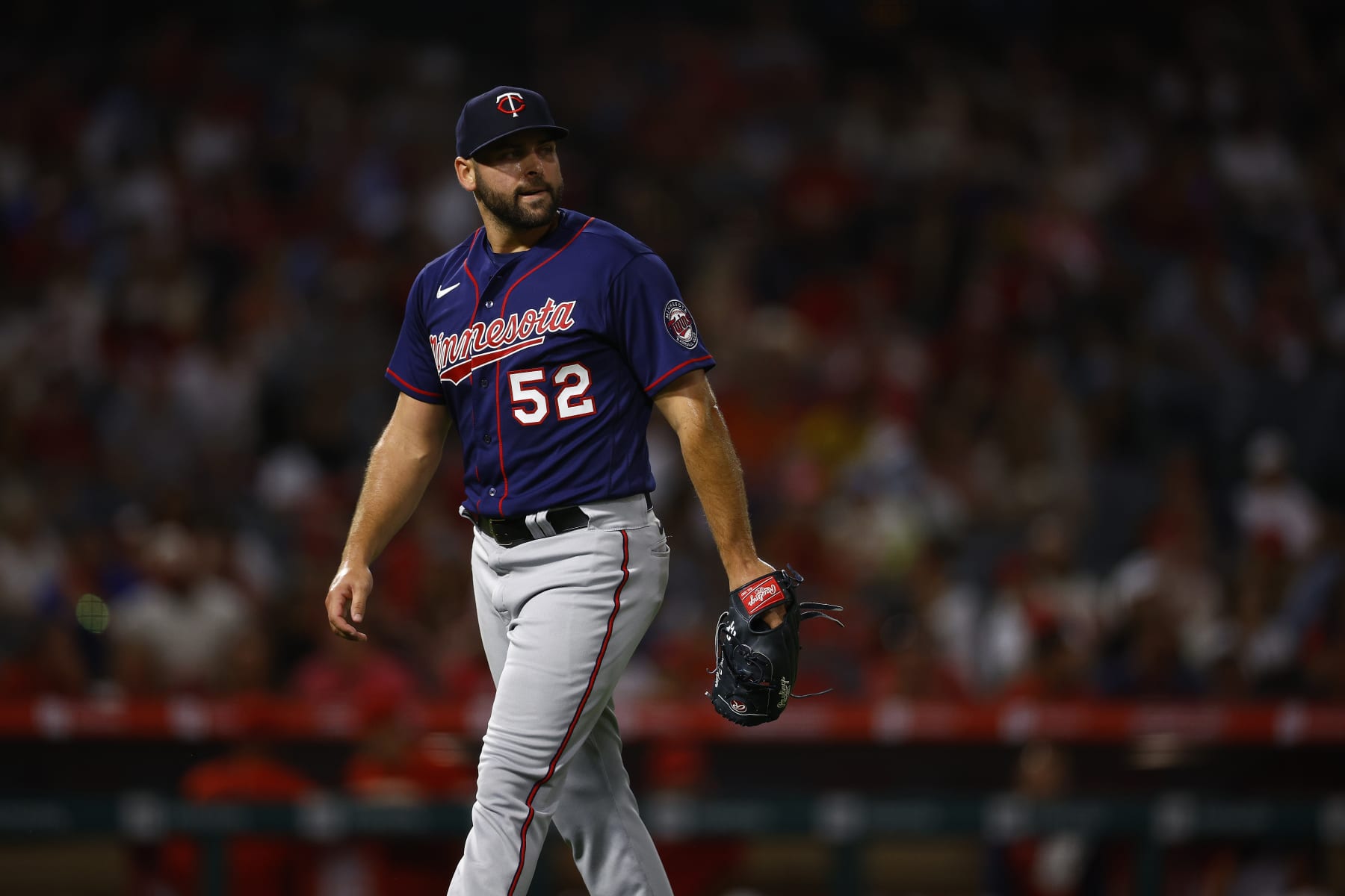 ANAHEIM, CALIFORNIA - AUGUST 12:  Michael Fulmer #52 of the Minnesota Twins in the seventh inning at Angel Stadium of Anaheim on August 12, 2022 in Anaheim, California. (Photo by Ronald Martinez/Getty Images)