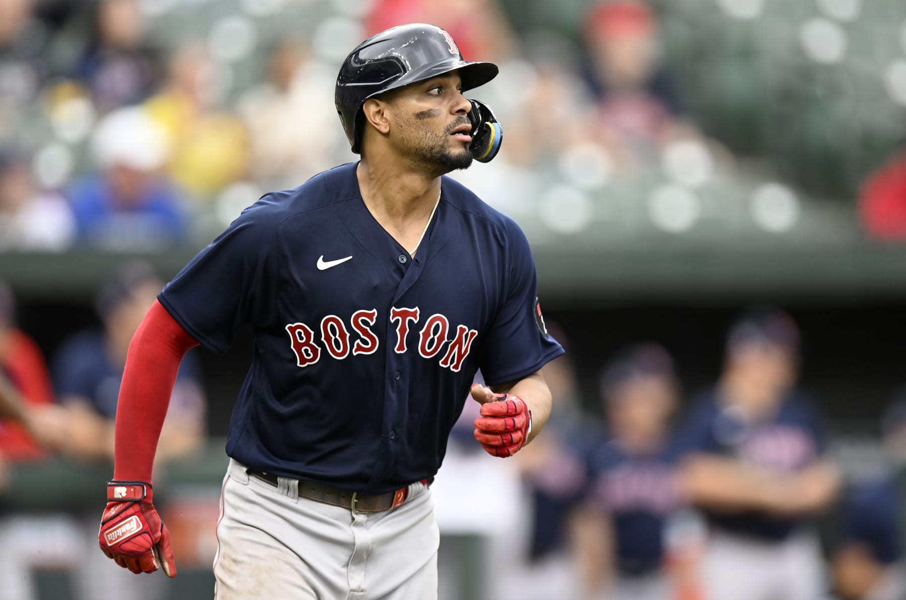 BALTIMORE, MARYLAND - SEPTEMBER 11: Xander Bogaerts #2 of the Boston Red Sox runs to first base against the Baltimore Orioles at Oriole Park at Camden Yards on September 11, 2022 in Baltimore, Maryland. (Photo by G Fiume/Getty Images)