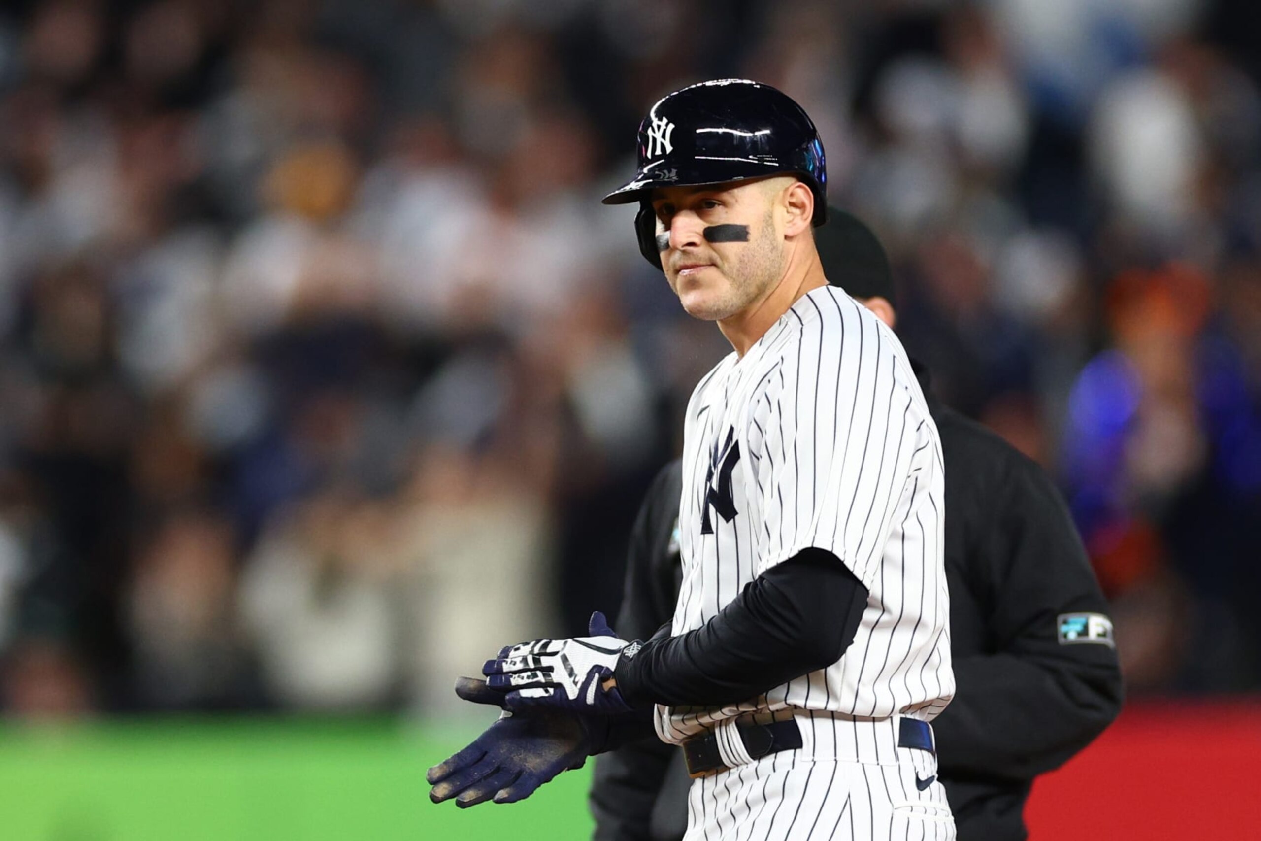 NEW YORK, NEW YORK - OCTOBER 23: Anthony Rizzo #48 of the New York Yankees celebrates his RBI double in the second inning against the Houston Astros in game four of the American League Championship Series at Yankee Stadium on October 23, 2022 in the Bronx borough of New York City. (Photo by Elsa/Getty Images) NEW YORK, NEW YORK - OCTOBER 23: Anthony Rizzo #48 of the New York Yankees celebrates his RBI double in the second inning against the Houston Astros in game four of the American League Championship Series at Yankee Stadium on October 23, 2022 in the Bronx borough of New York City. (Photo by Elsa/Getty Images)